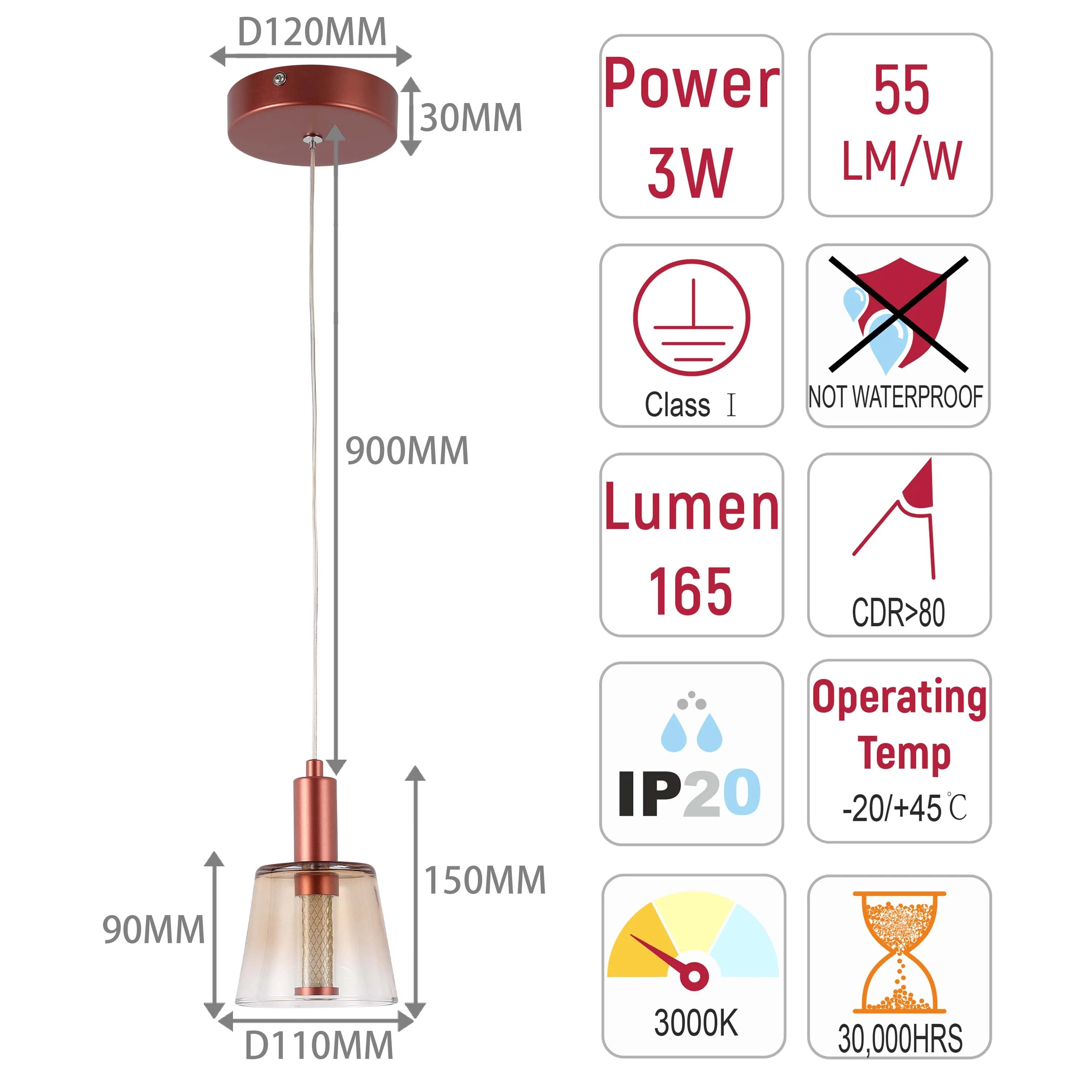 Pendant light specifications: 3W power, 55lm/W, 165 lumen, 3000K, 30,000 hour lifespan, plus size & temperature dimensions.