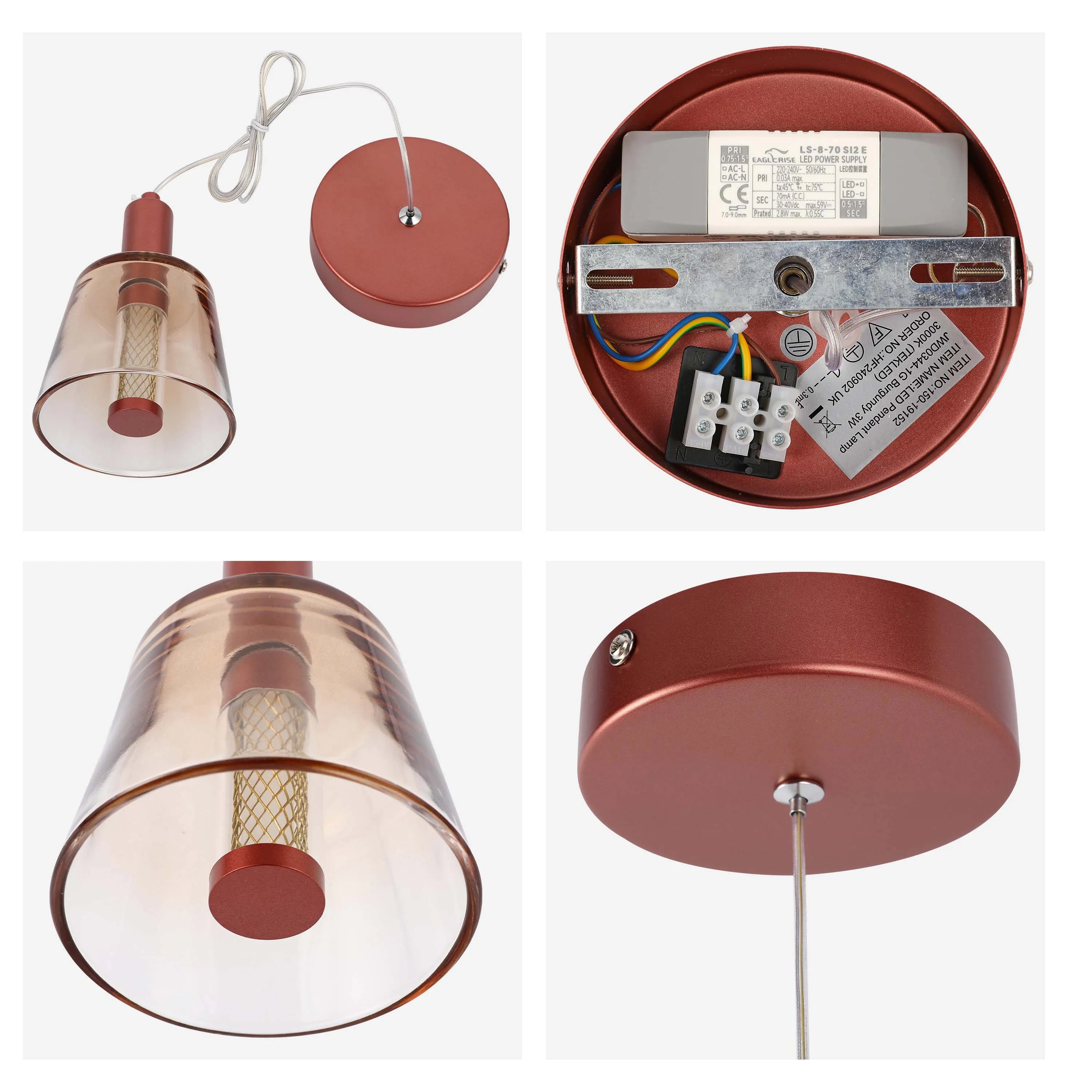 Burgundy pendant light with a glass shade and warm white LED. Modern lighting for the home.