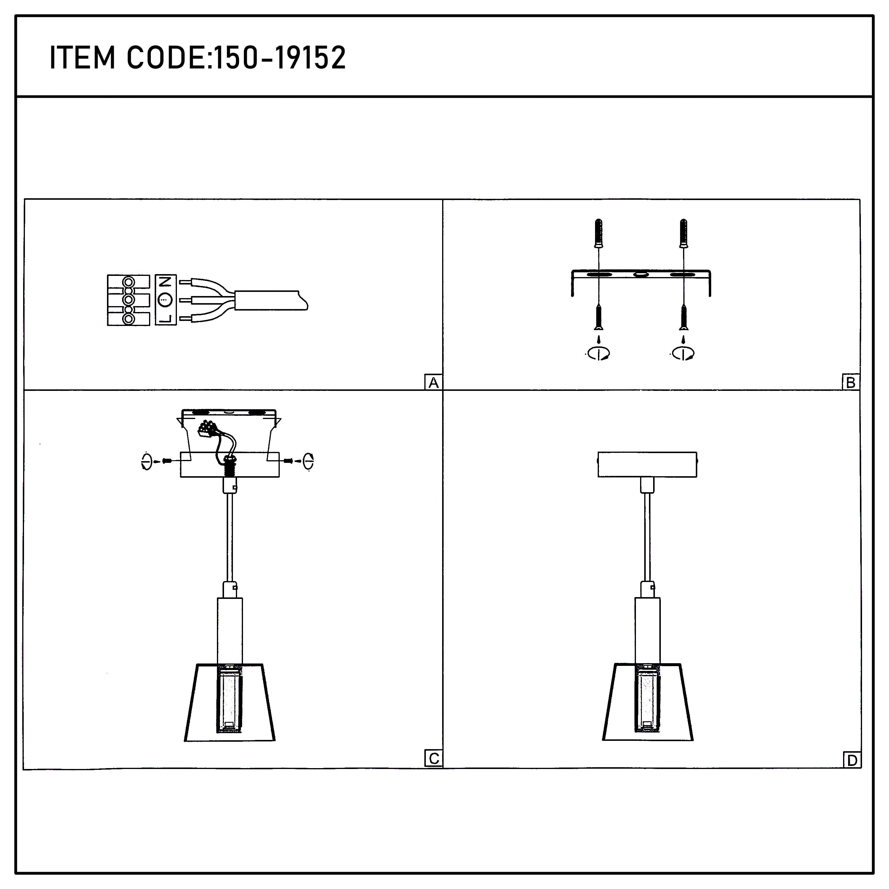 An instructional diagram depicting how to wire and assemble a pendant light fixture for a ceiling.