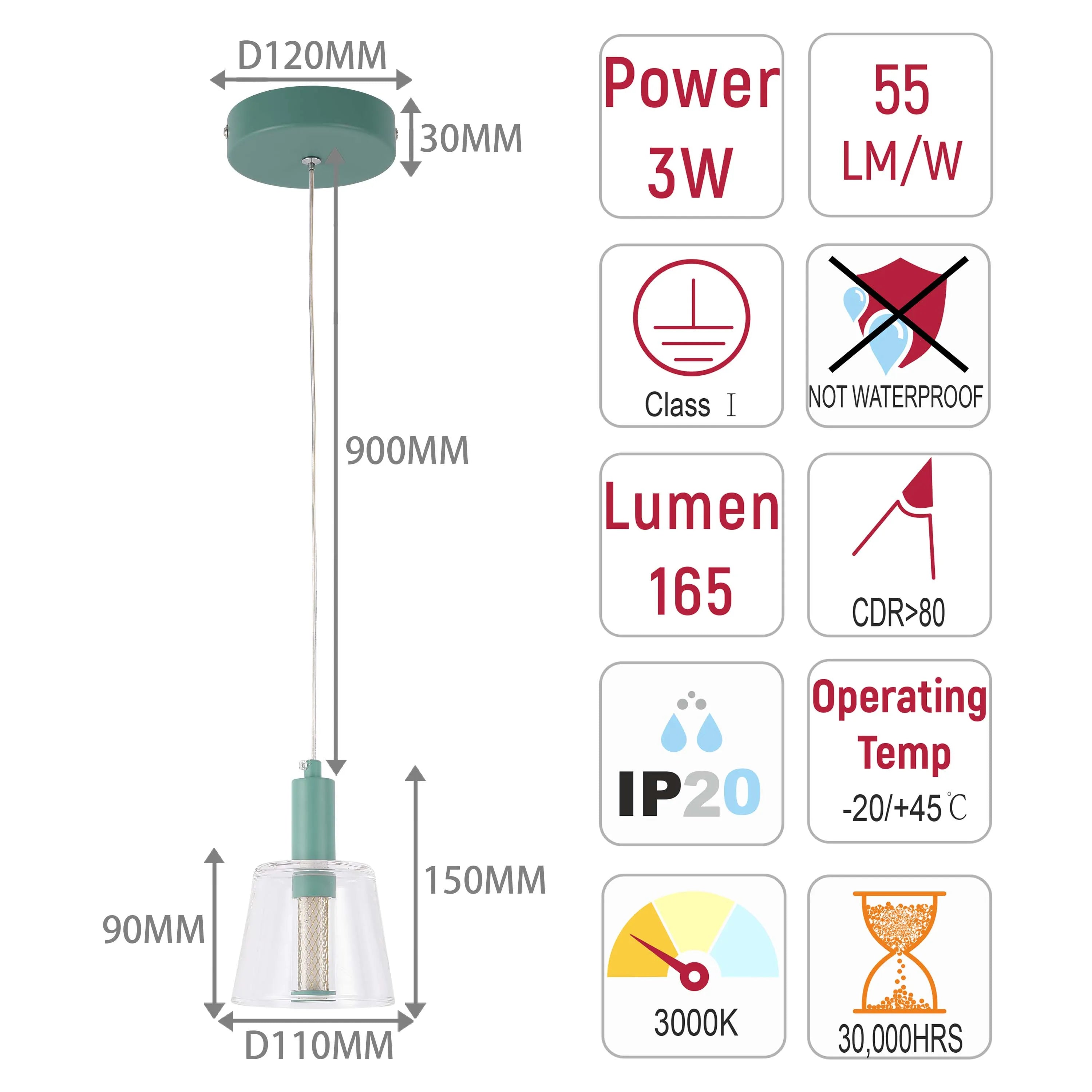 Pendant light dimensions: 900mm drop, 110mm diameter shade. 3W power, 165 lumens, IP20 rated. 30,000 hour lifespan.