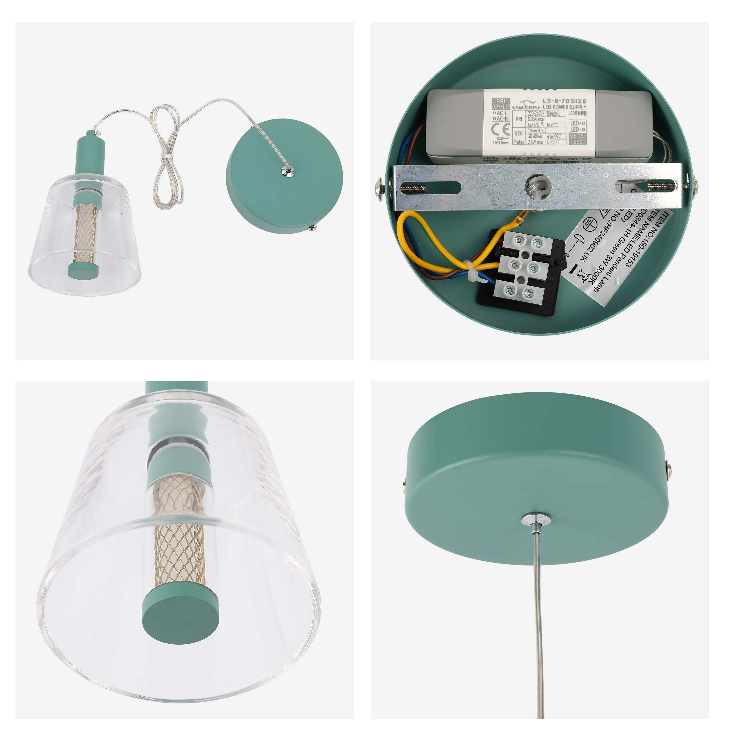 Close-up of a teal ceiling pendant light with a clear glass shade, showcasing the internal wiring and LED power supply unit.