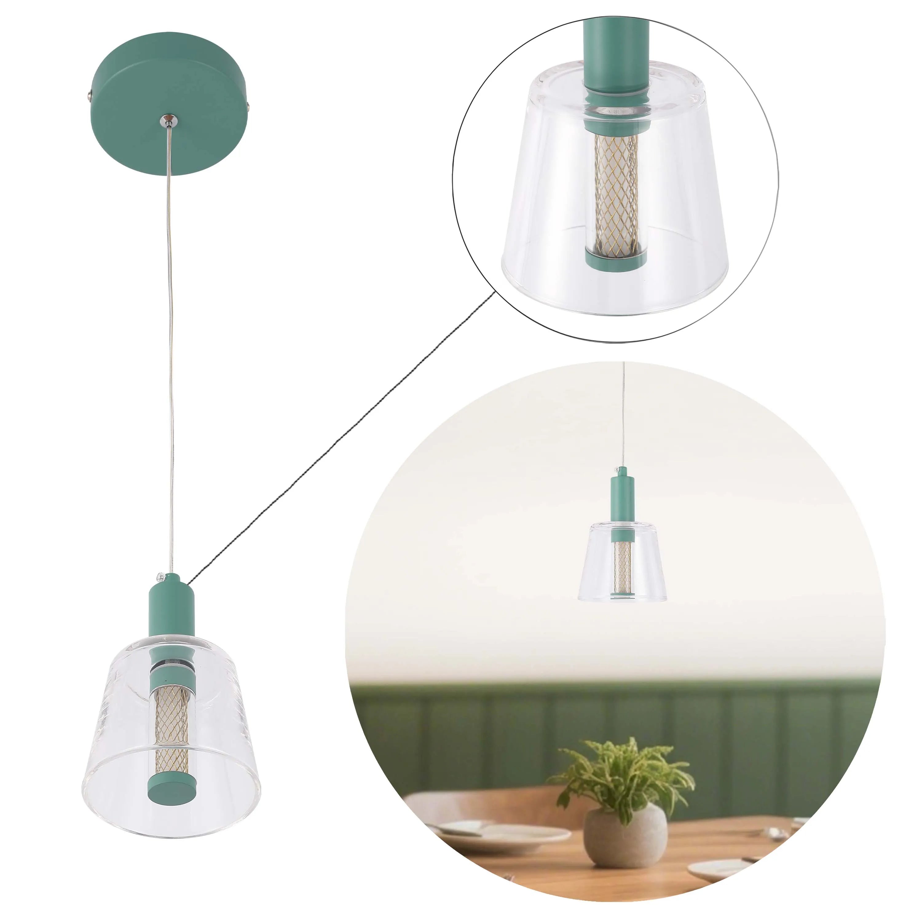 Stylish green pendant light with clear shade. Modern, minimalist design for a subtle yet elegant statement in any room.
