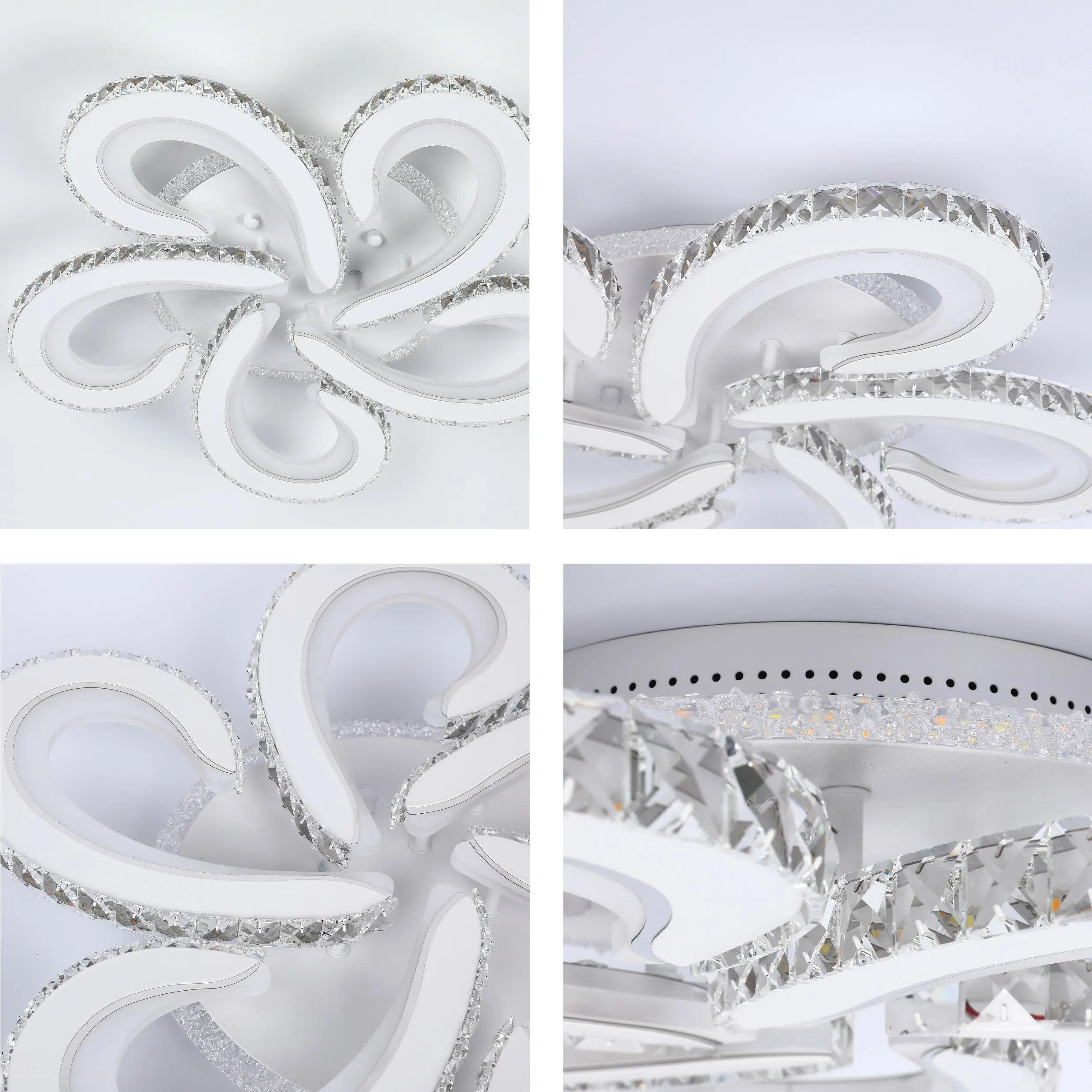 A modern, white flower-shaped ceiling light, adorned with sparkly crystals. Bright and elegant, this light will add glamour to any room.