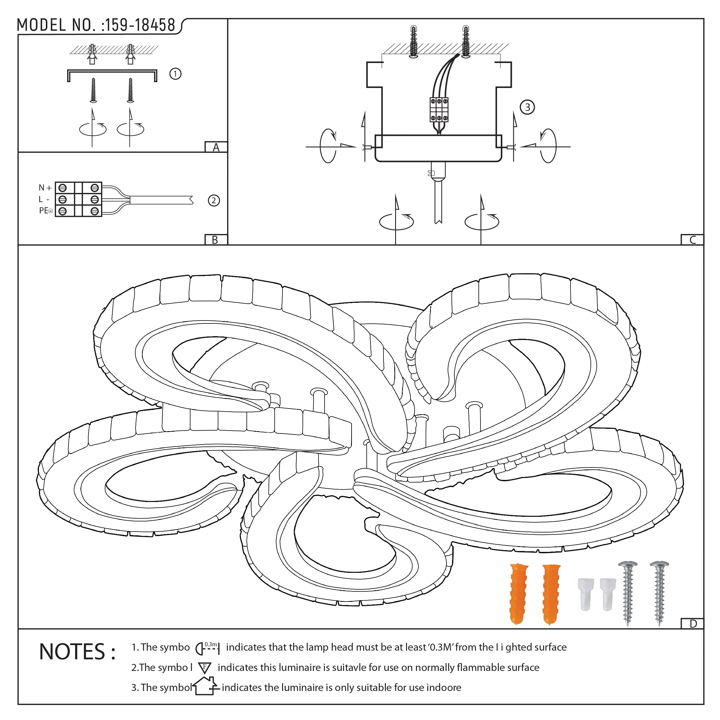 A modern, multi-light ceiling light with a swirling, organic design and a white finish. Instructions shown with screws and bolts.