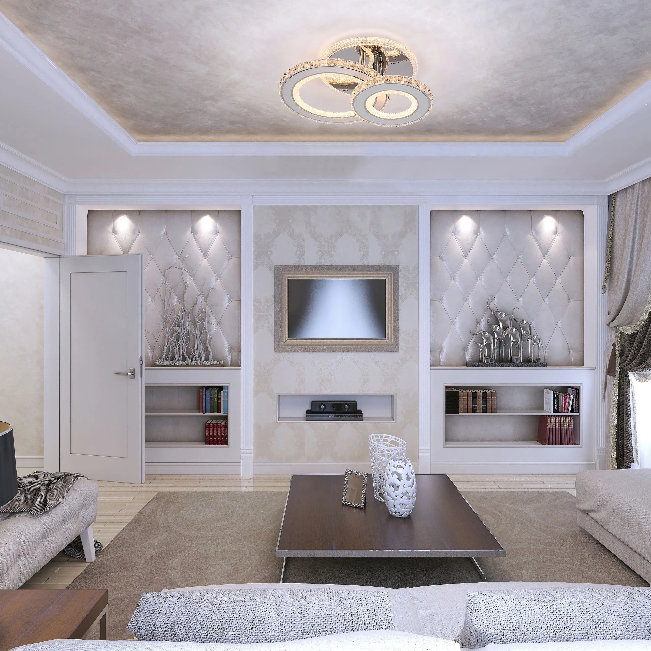 Elegant room with recessed lighting highlighting quilted panels, complemented by a statement multi-ring crystal ceiling light.