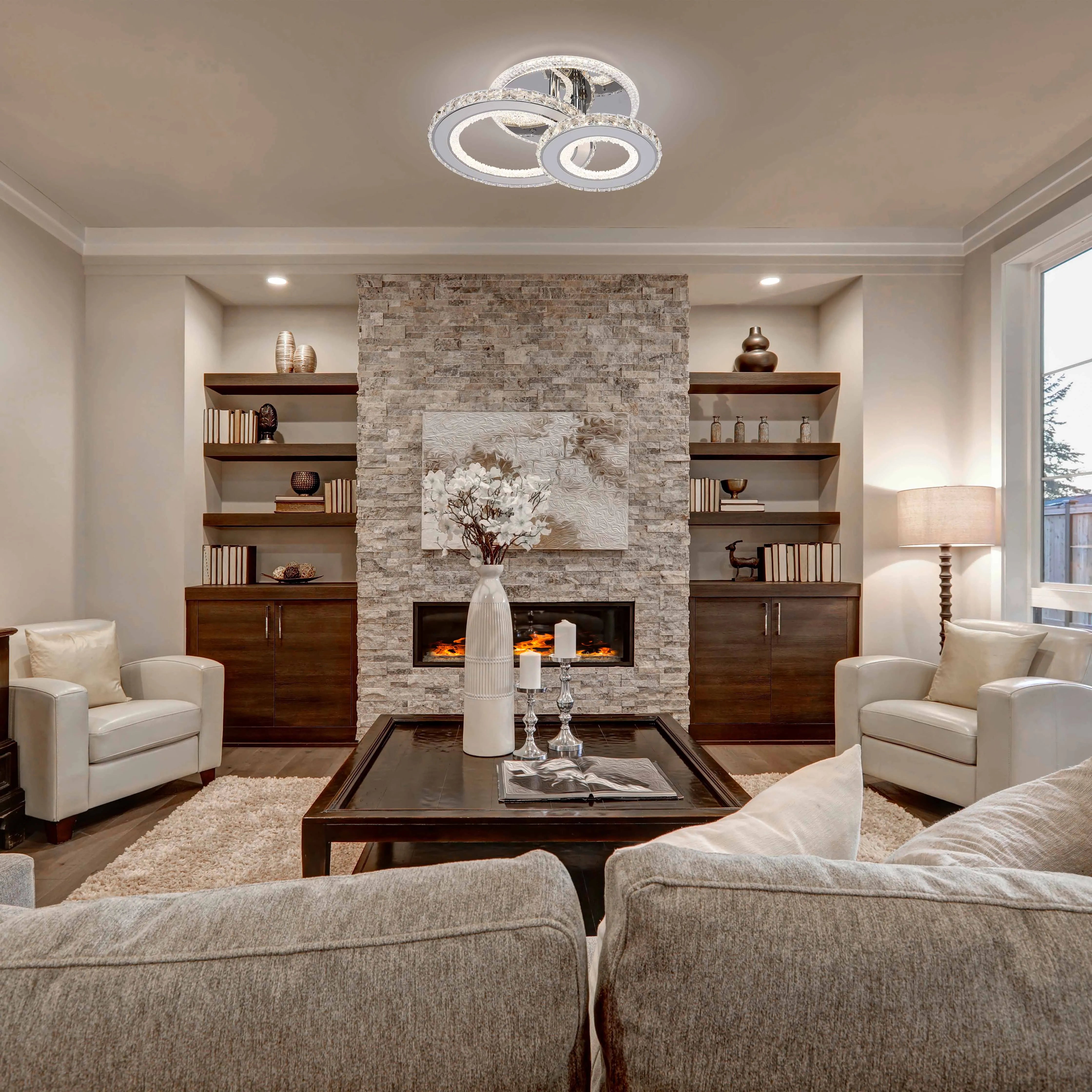 Contemporary living room boasts a stylish circular LED ceiling light, casting a warm glow over the neutral colour scheme and inviting atmosphere.