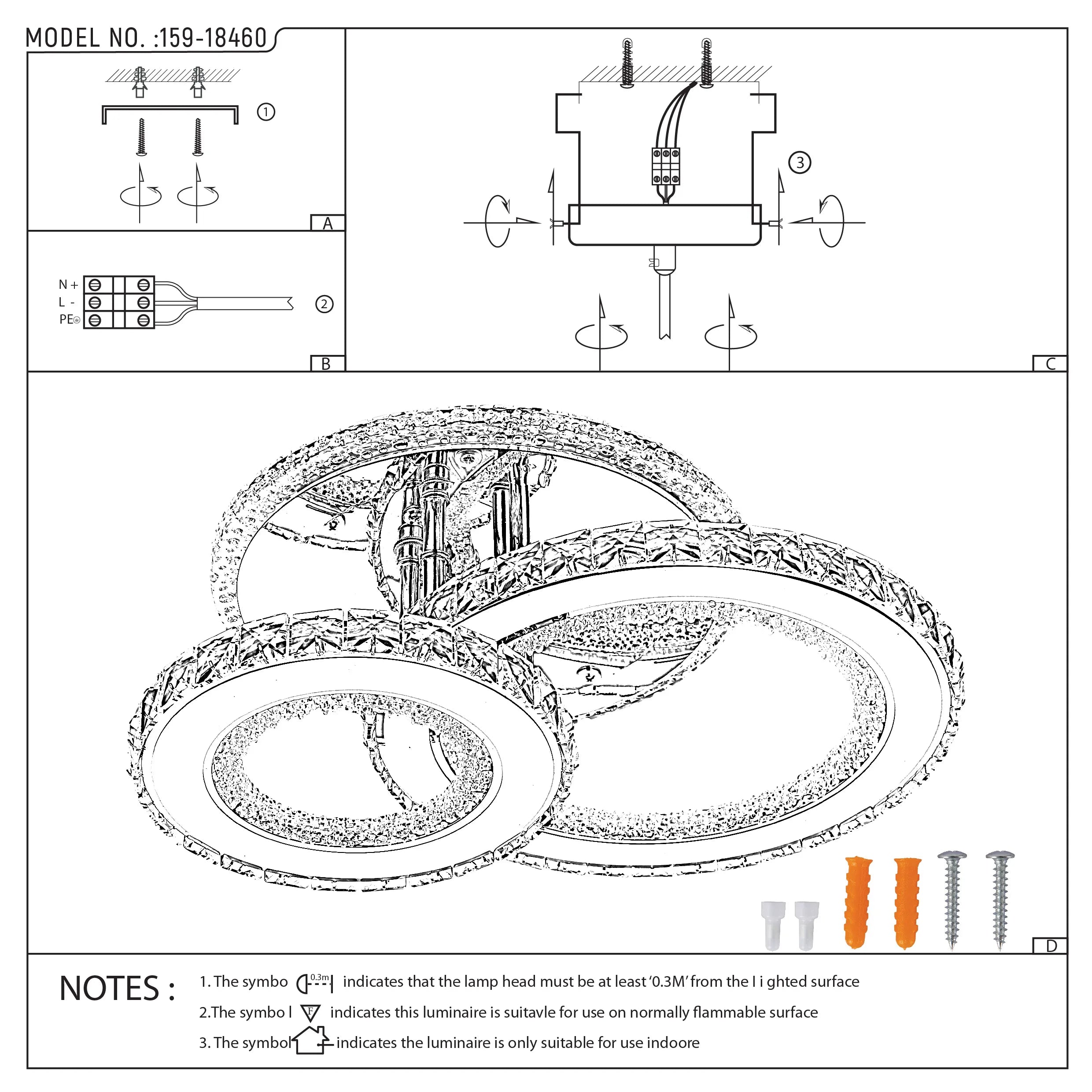 A multi-ring LED ceiling light with a chrome finish. Technical diagram showing assembly with fixings.