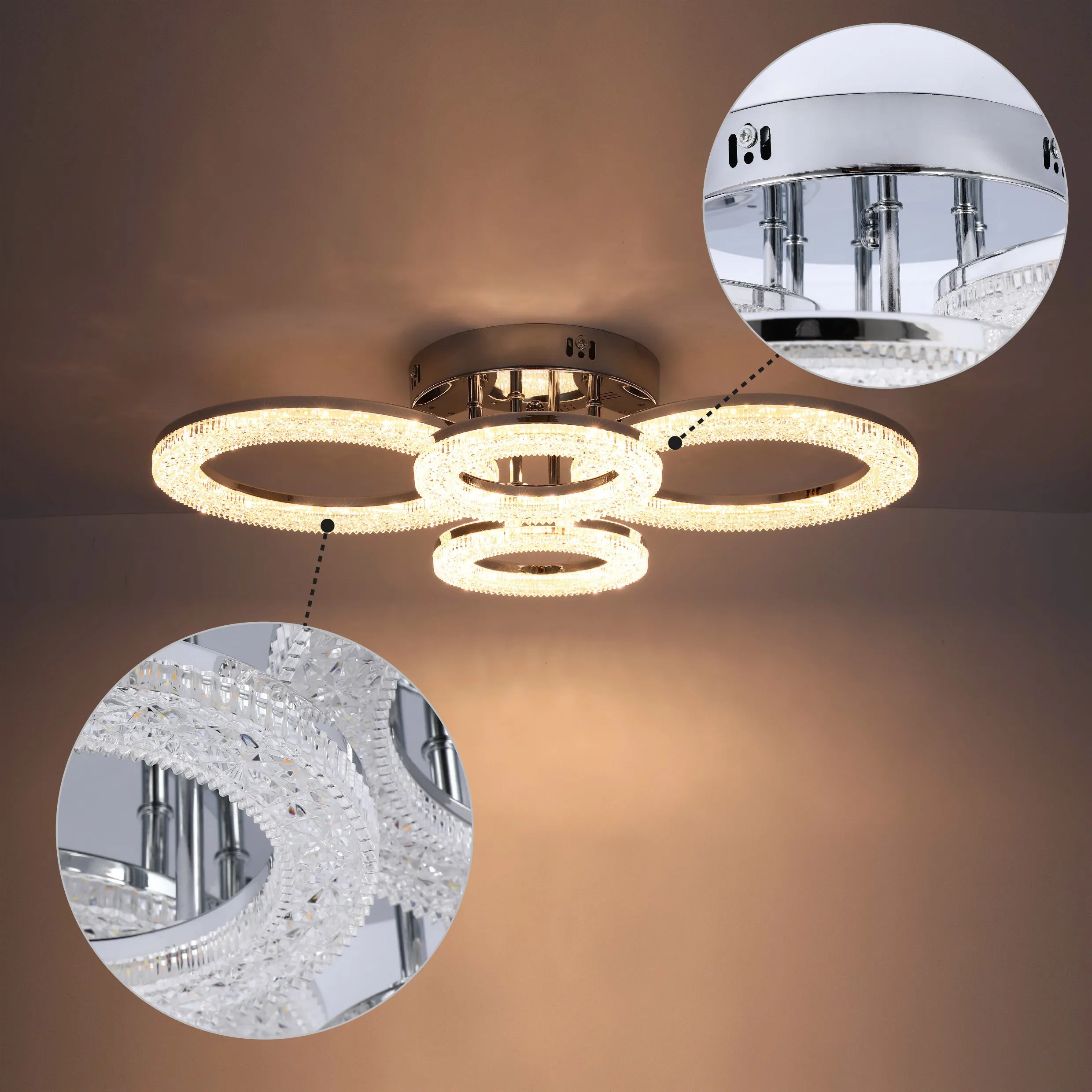 A modern ceiling light with multiple illuminated crystal rings creates an inviting glow.