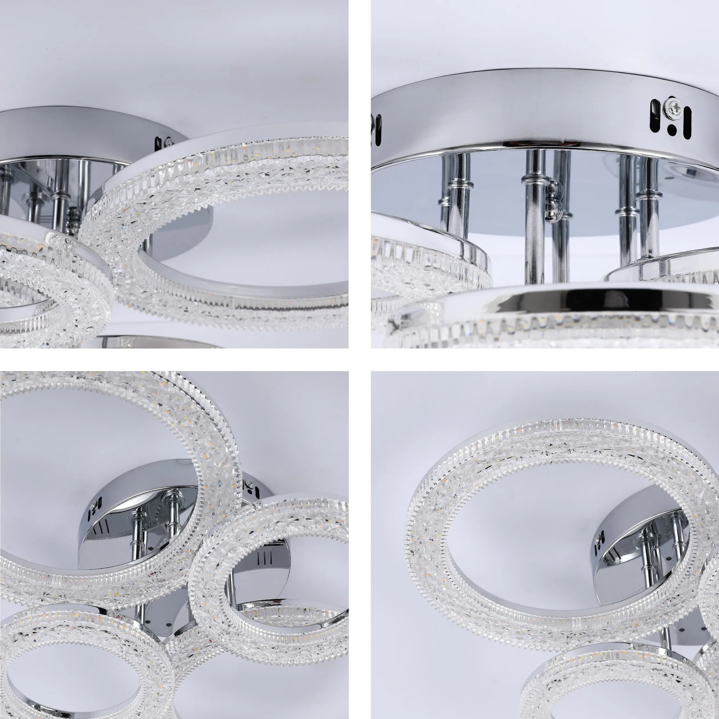 A modern chrome flush mount ceiling light featuring crystal rings, adding a touch of glamour to any room.