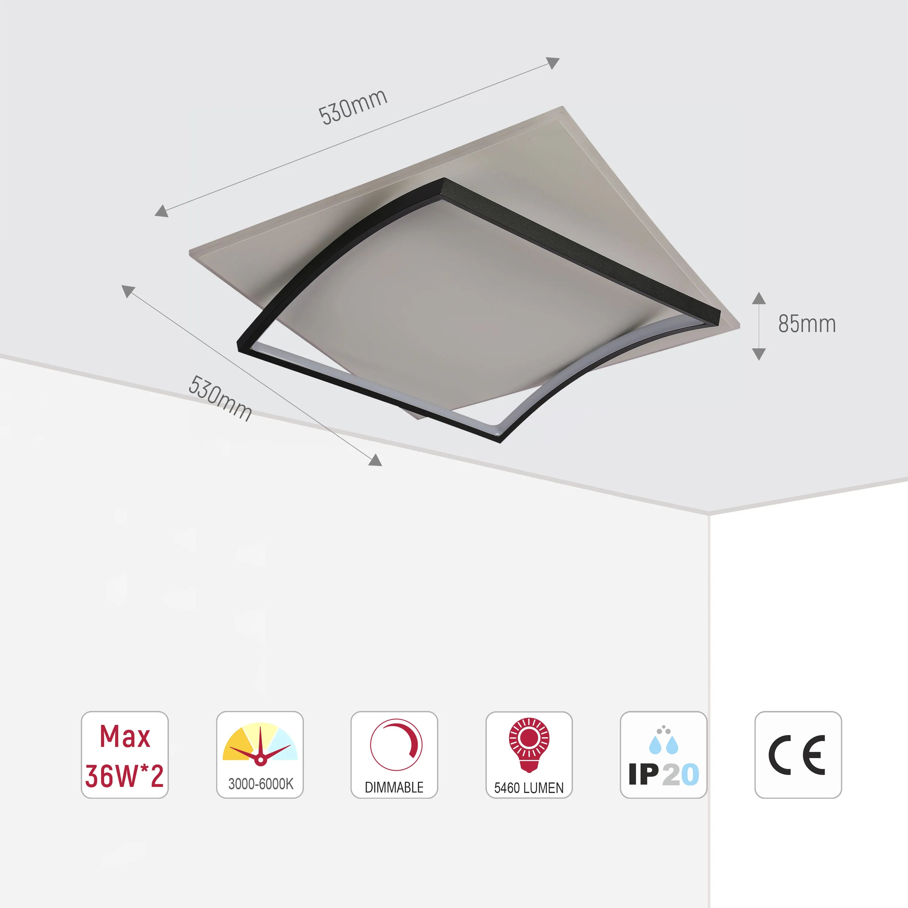 Curved-Frame LED Ceiling Light, CCT Tunable with Remote, 72W, Flush Mount, LED Flush Ceiling Light, TEKLED