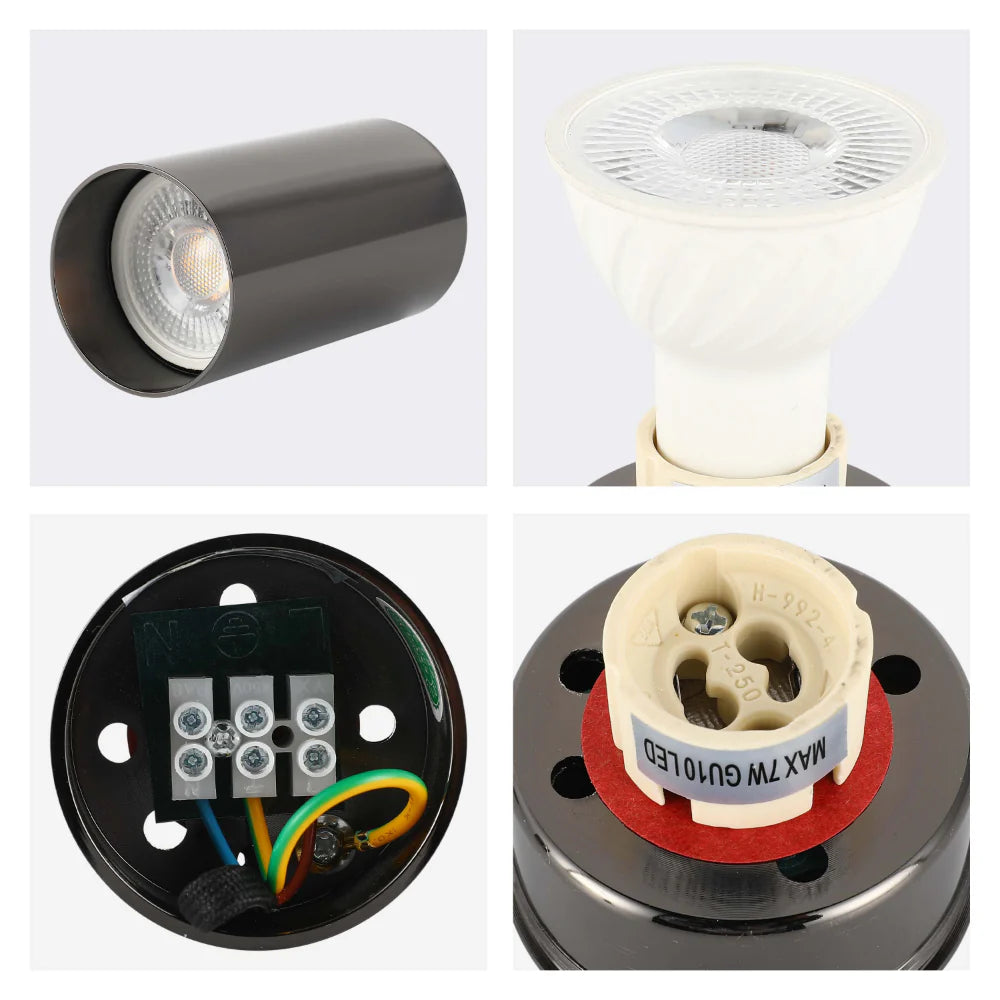 A selection of modern spotlights, featuring close-ups of the lamp, bulb and wiring within.