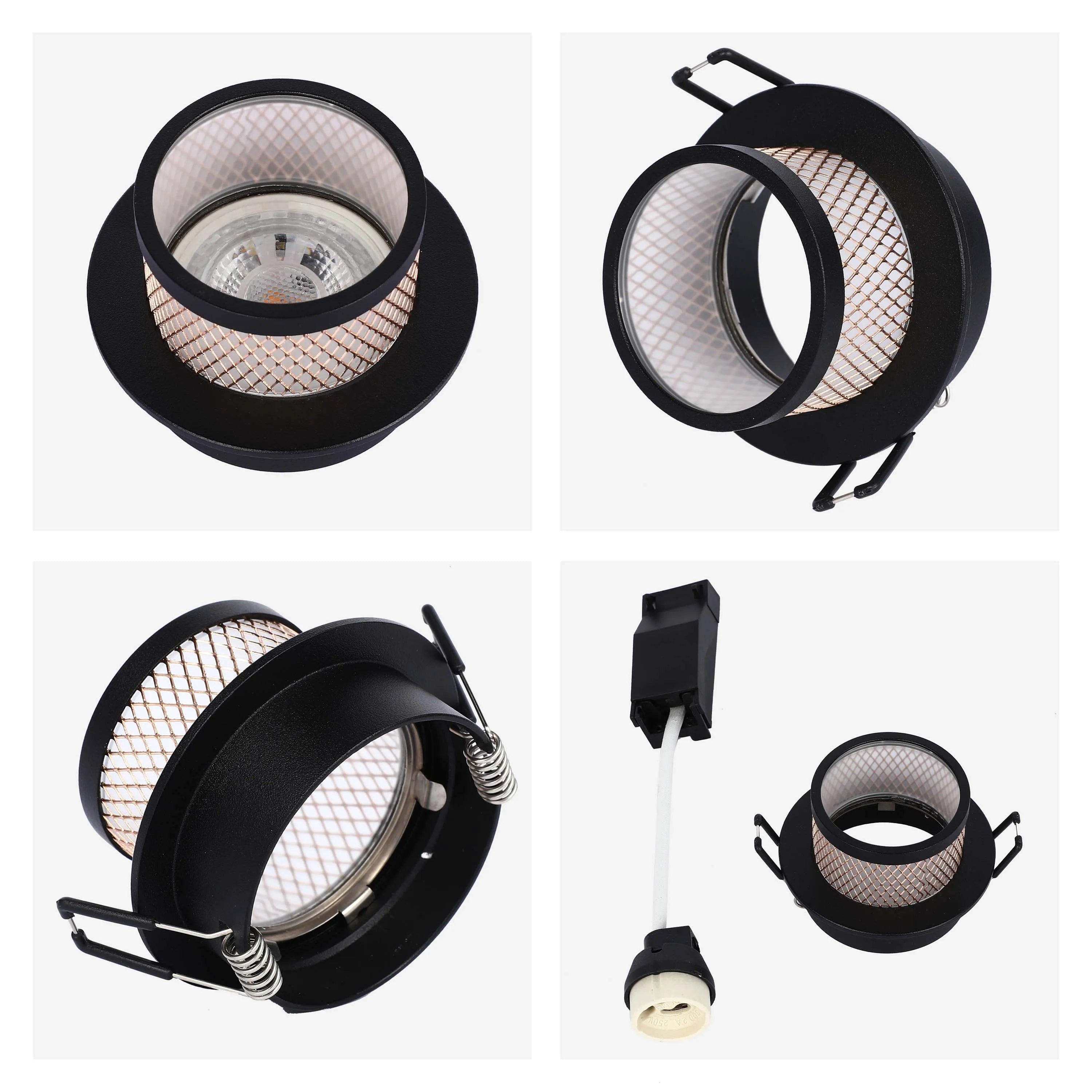 A recessed spotlight with a black frame and a decorative mesh filter. Includes lamp holder and wire for easy installation.
