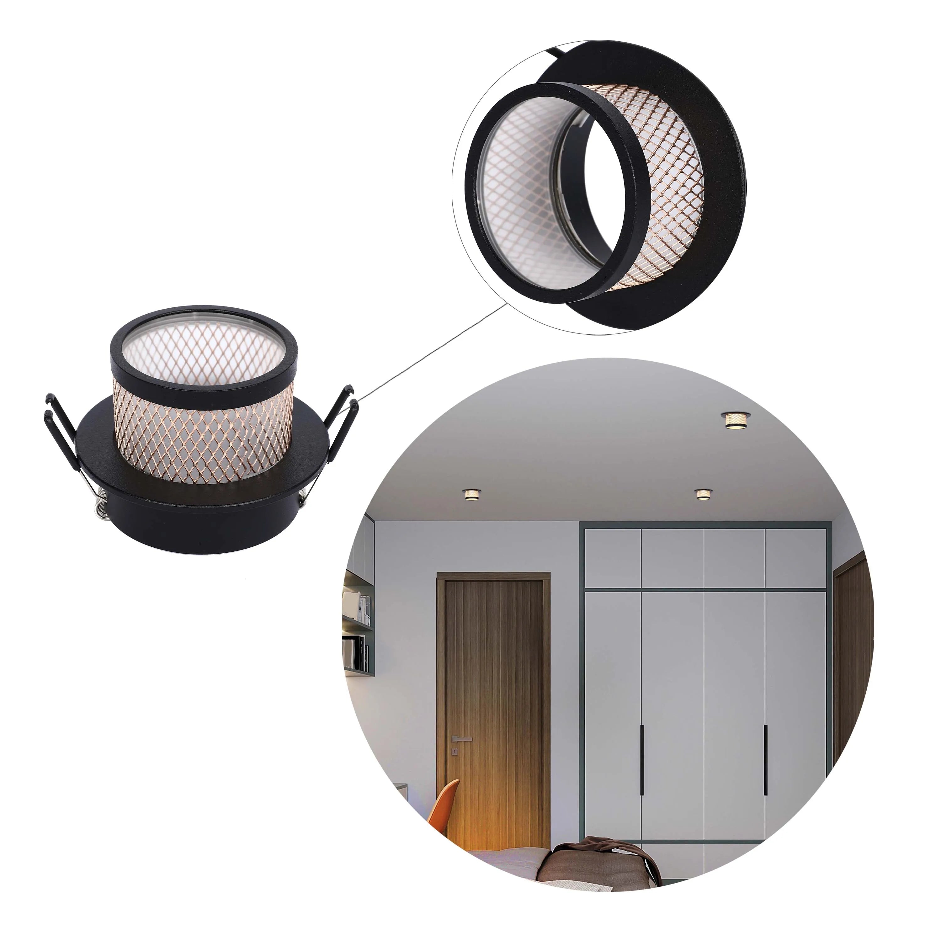 A black downlight with a decorative, woven diffuser. Also shown disassembled to see individual parts.