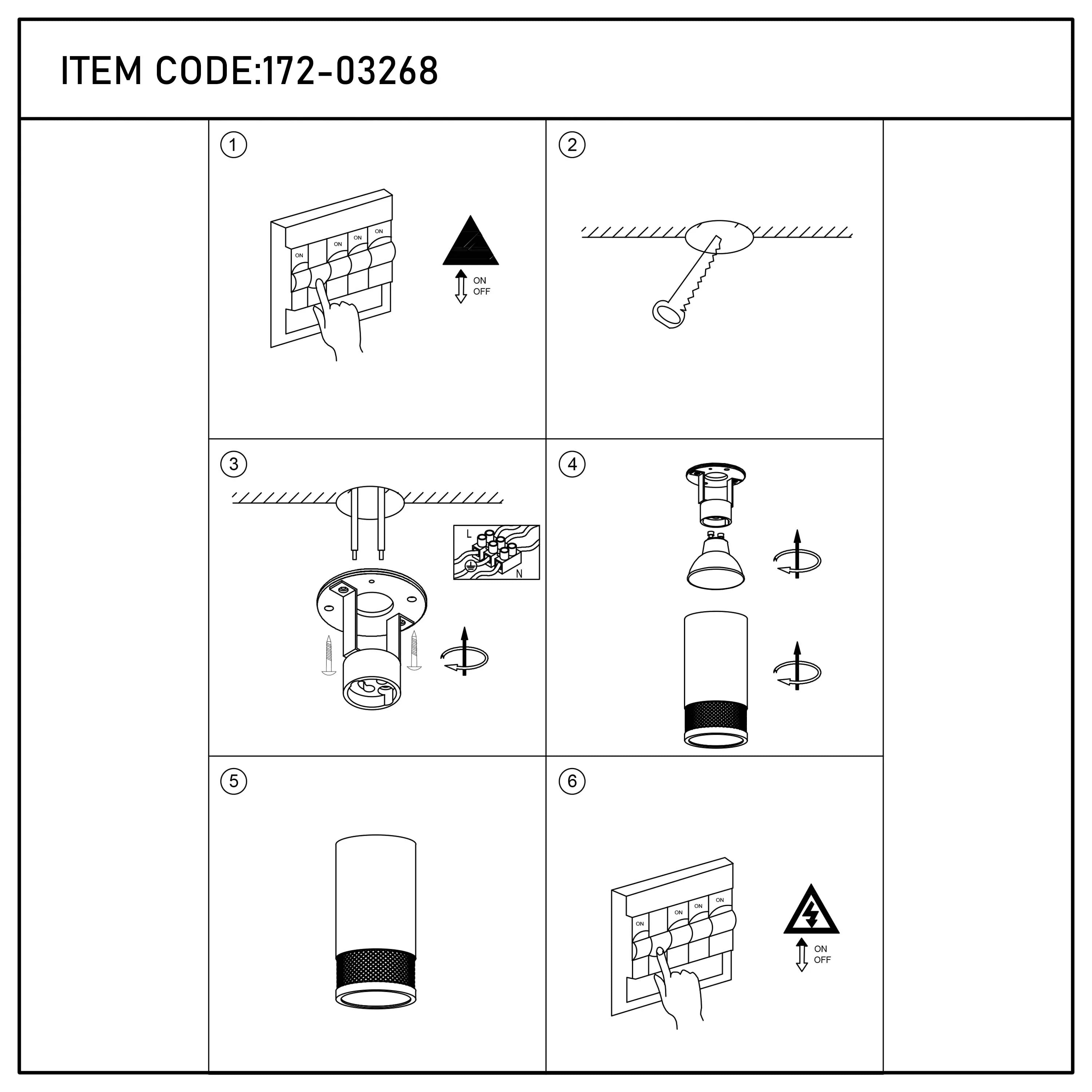 A six-step diagram illustrating the installation of a cylindrical wall light. Includes a warning to turn off electrics.