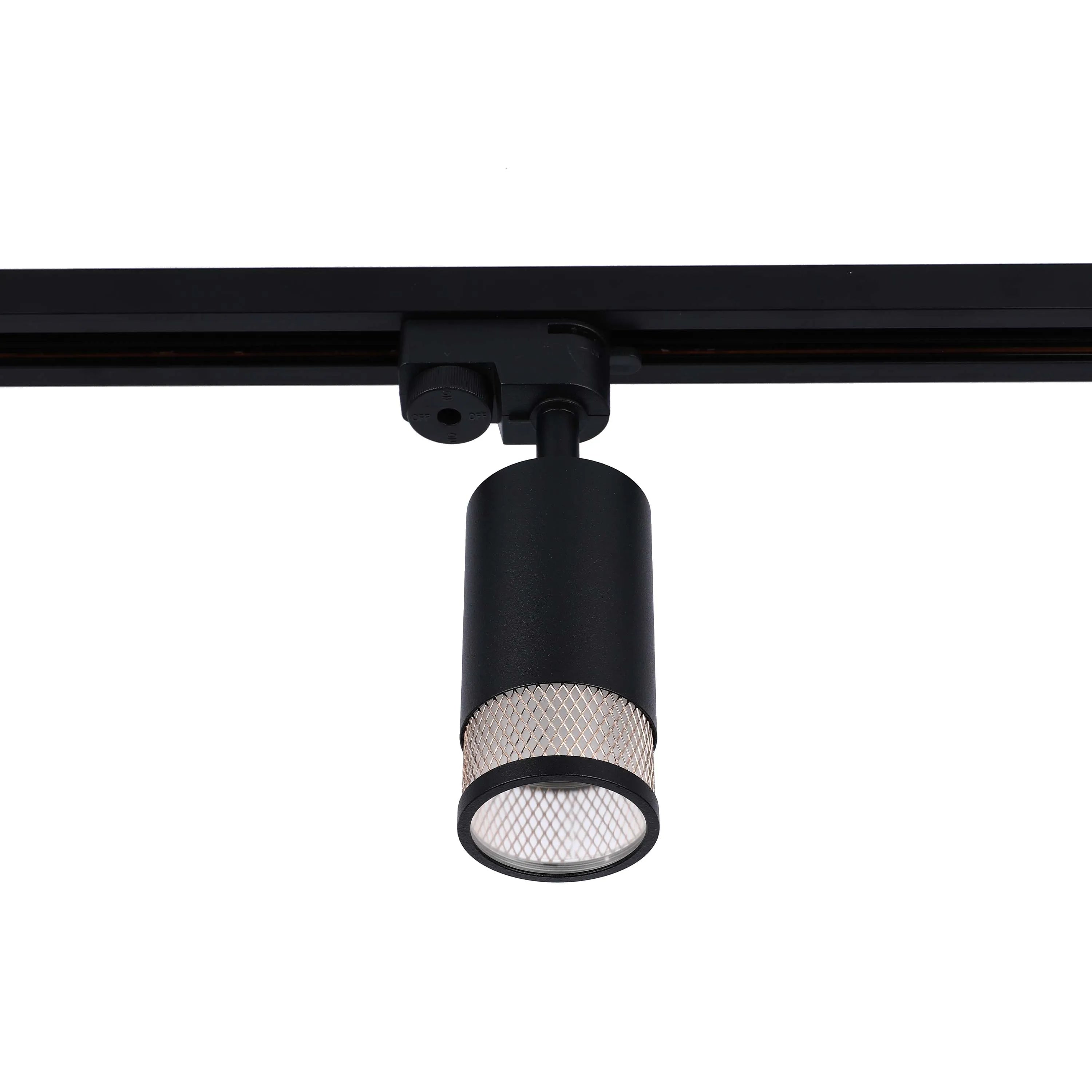 A black track light is displayed, its cylindrical shape and meshed front emitting a modern, focused beam.