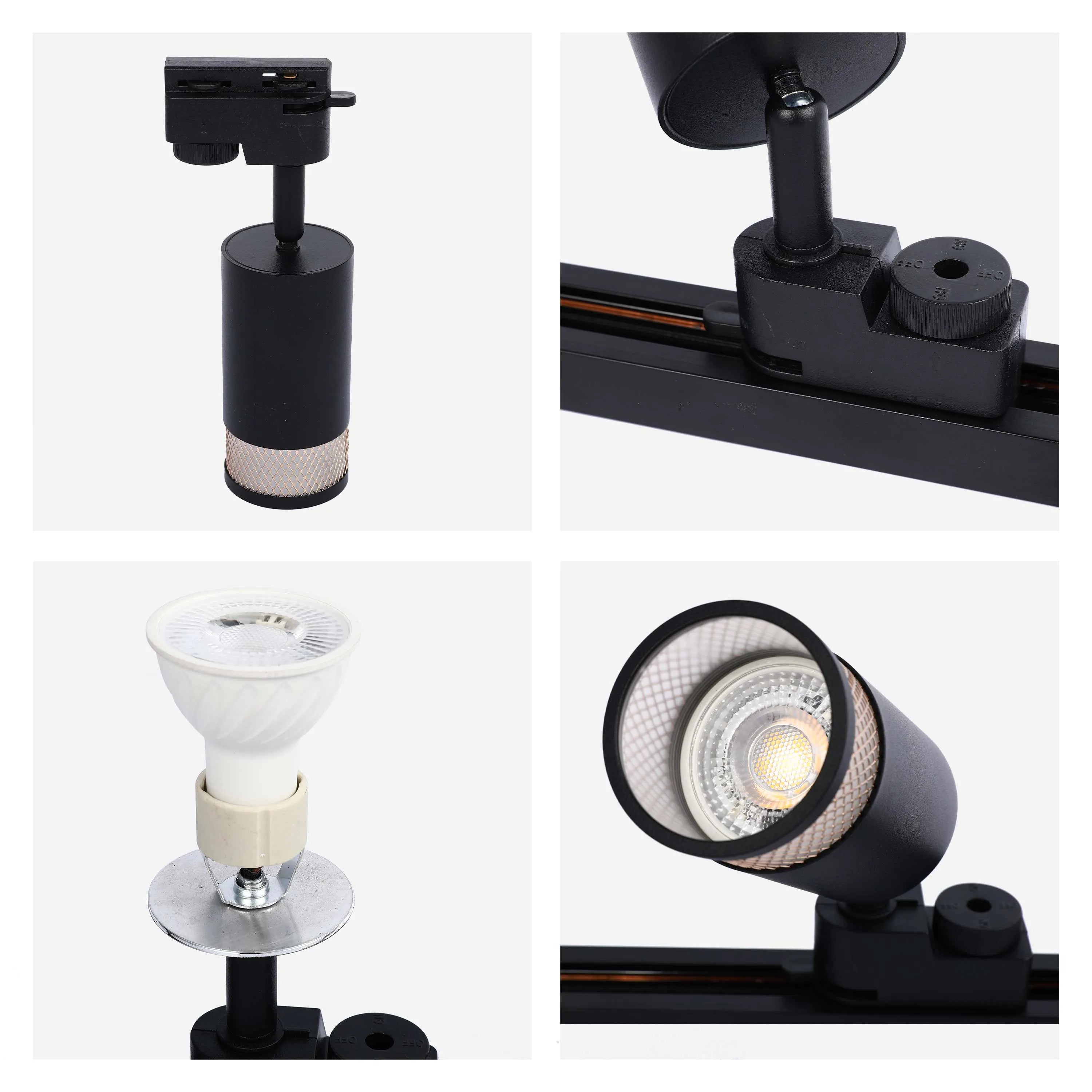 A selection of close-up images of a modern, black, track lighting fixture with a bright LED bulb.