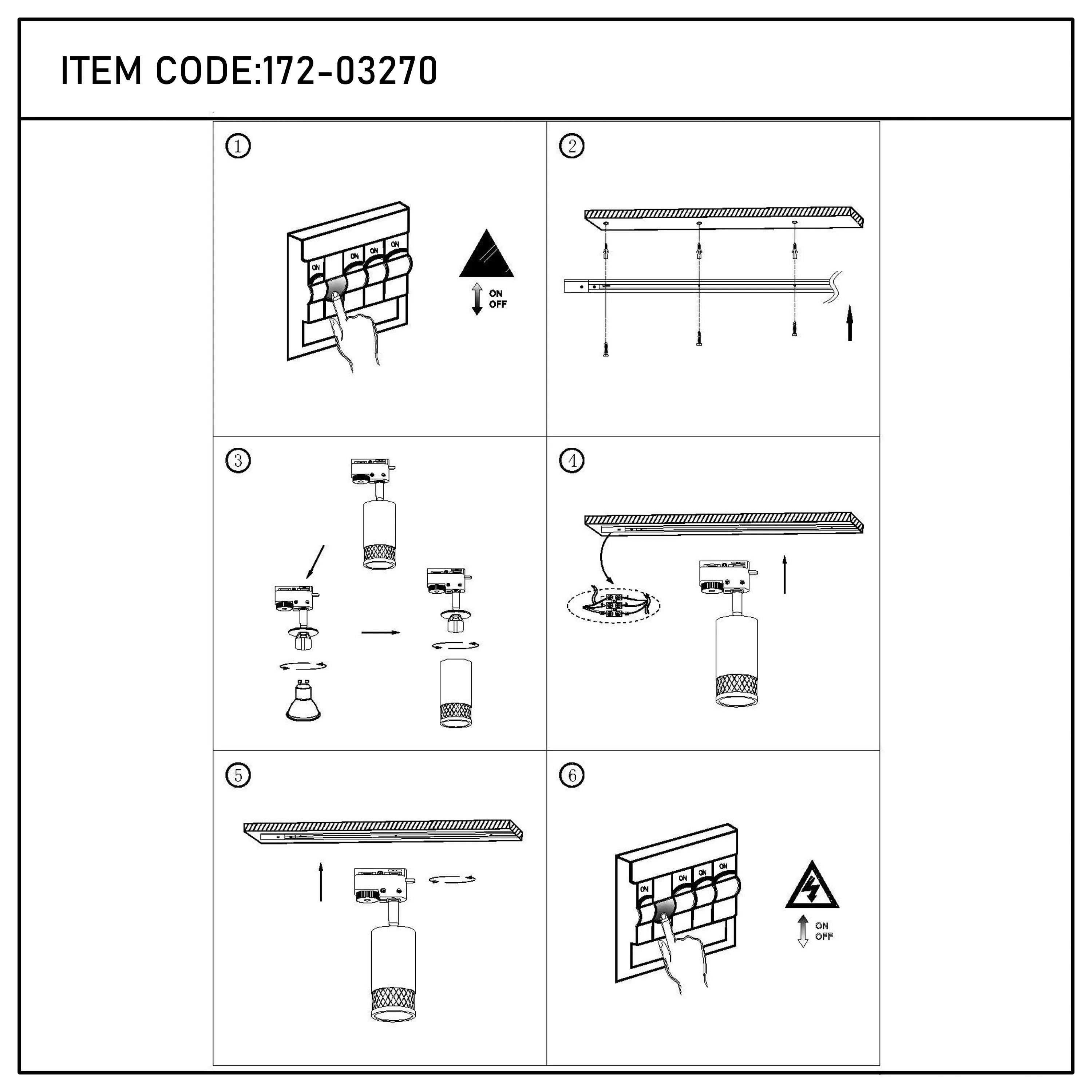 A step-by-step diagram shows how to assemble and install a ceiling spotlight track lighting system. Turn off power first.