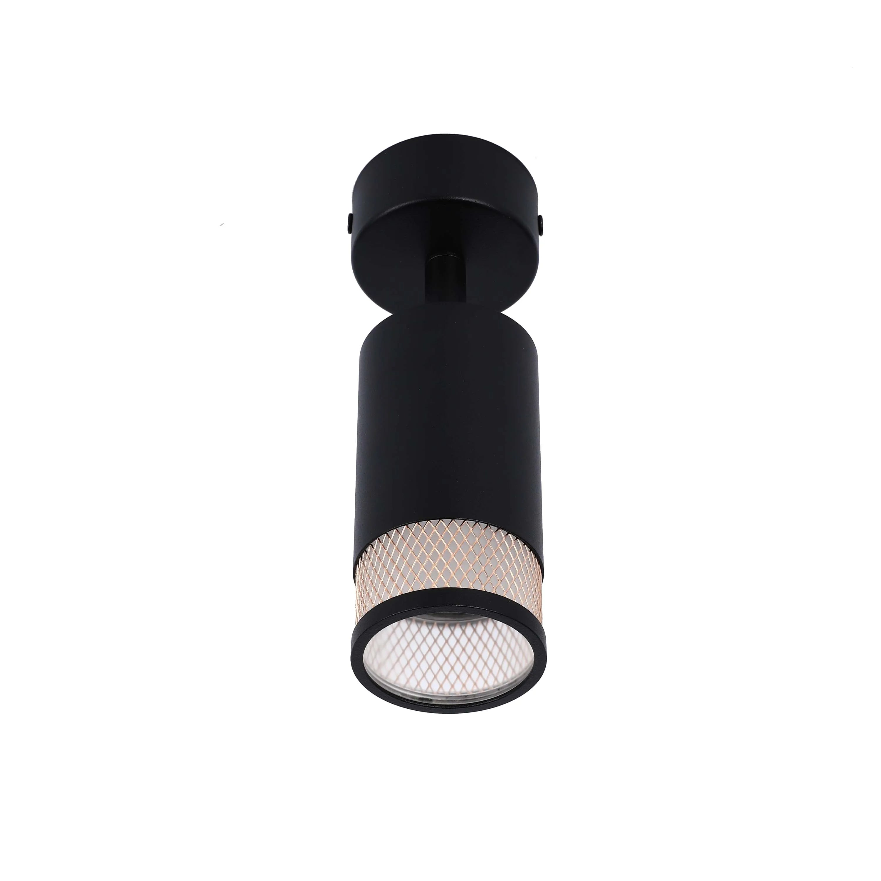 A modern, matte black, cylindrical ceiling light with a decorative mesh surround at its base.