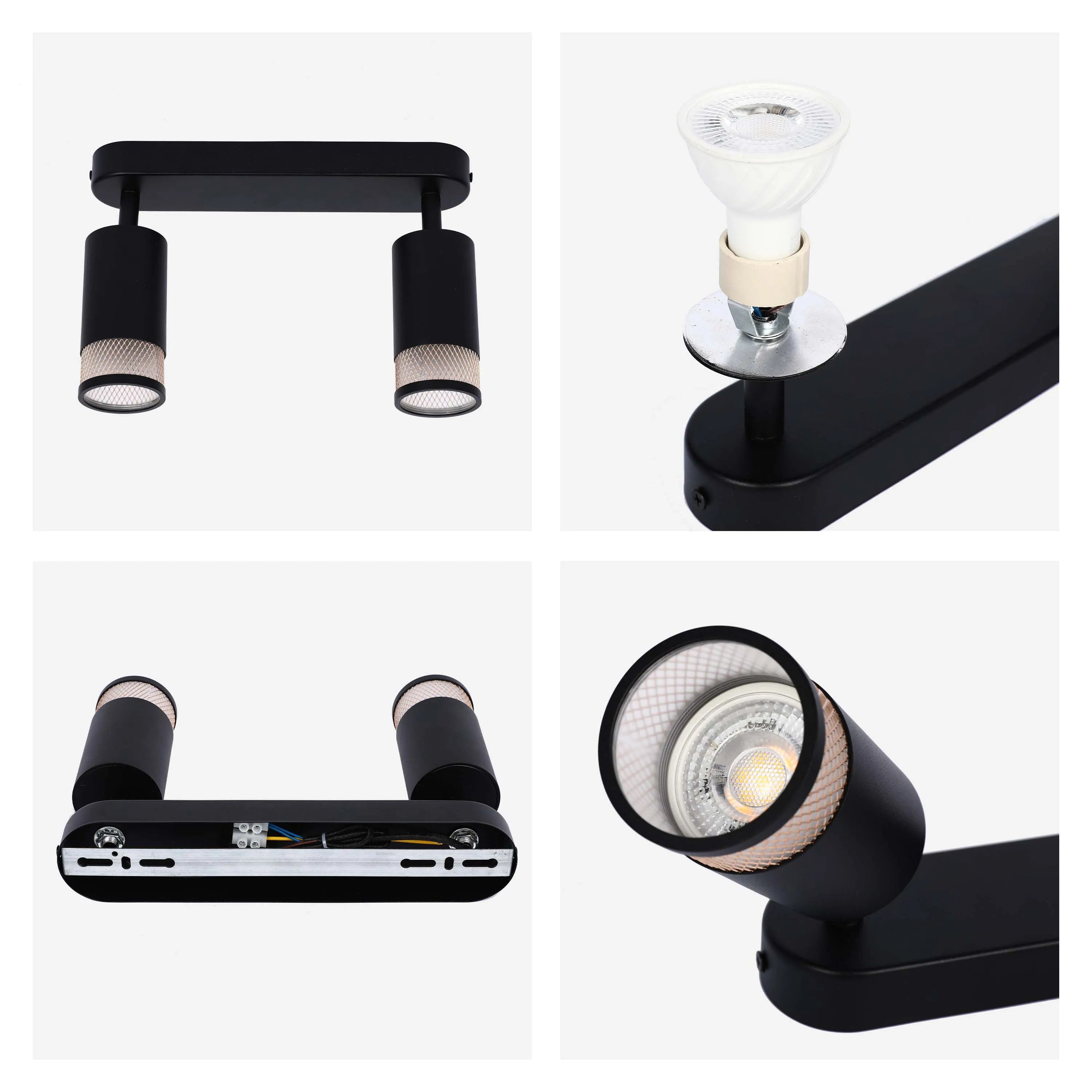 A sleek, contemporary black spotlight fixture with adjustable heads, perfect for modern interiors.