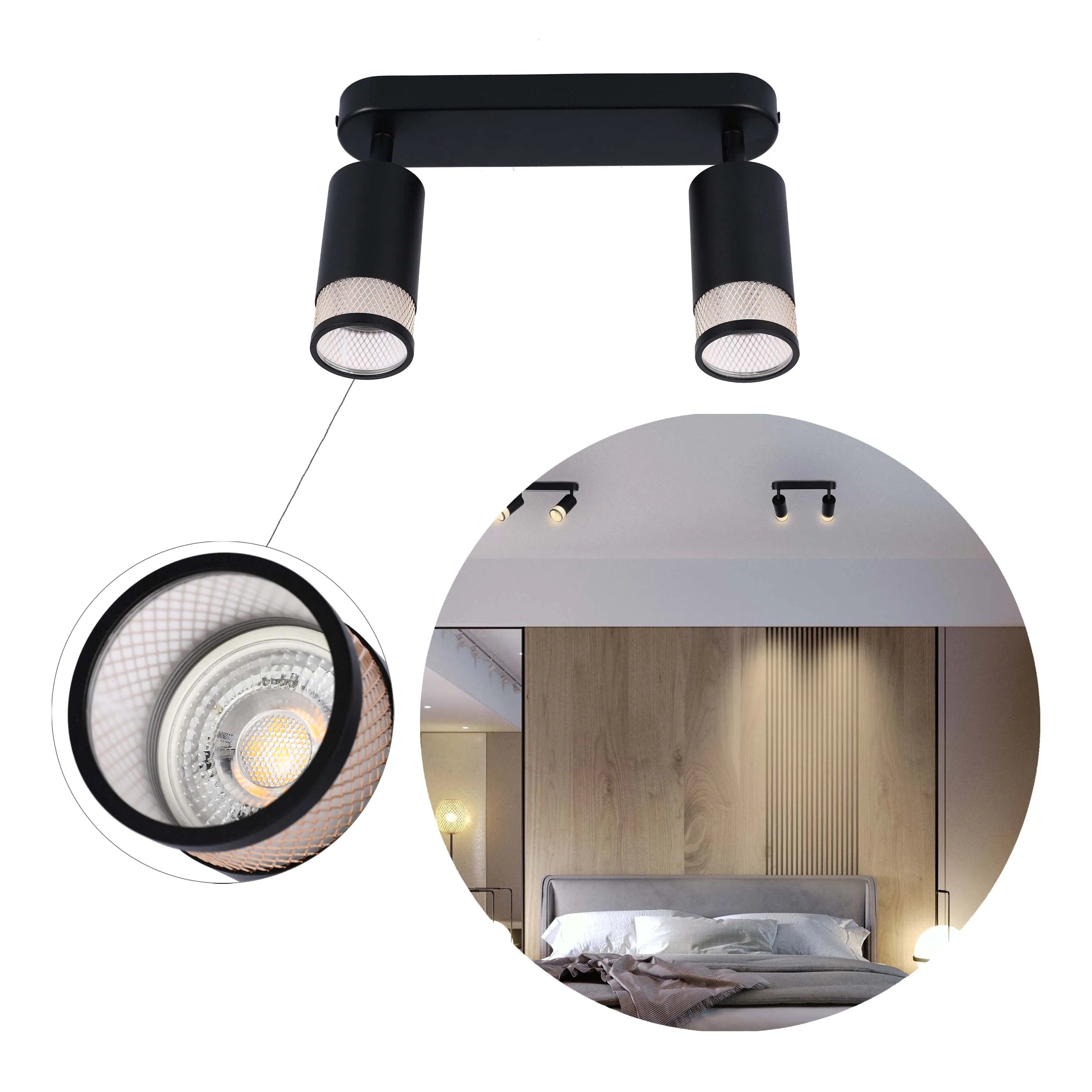 Modern black track lighting with two adjustable spotlights, ideal for highlighting features or creating ambient light in any room.
