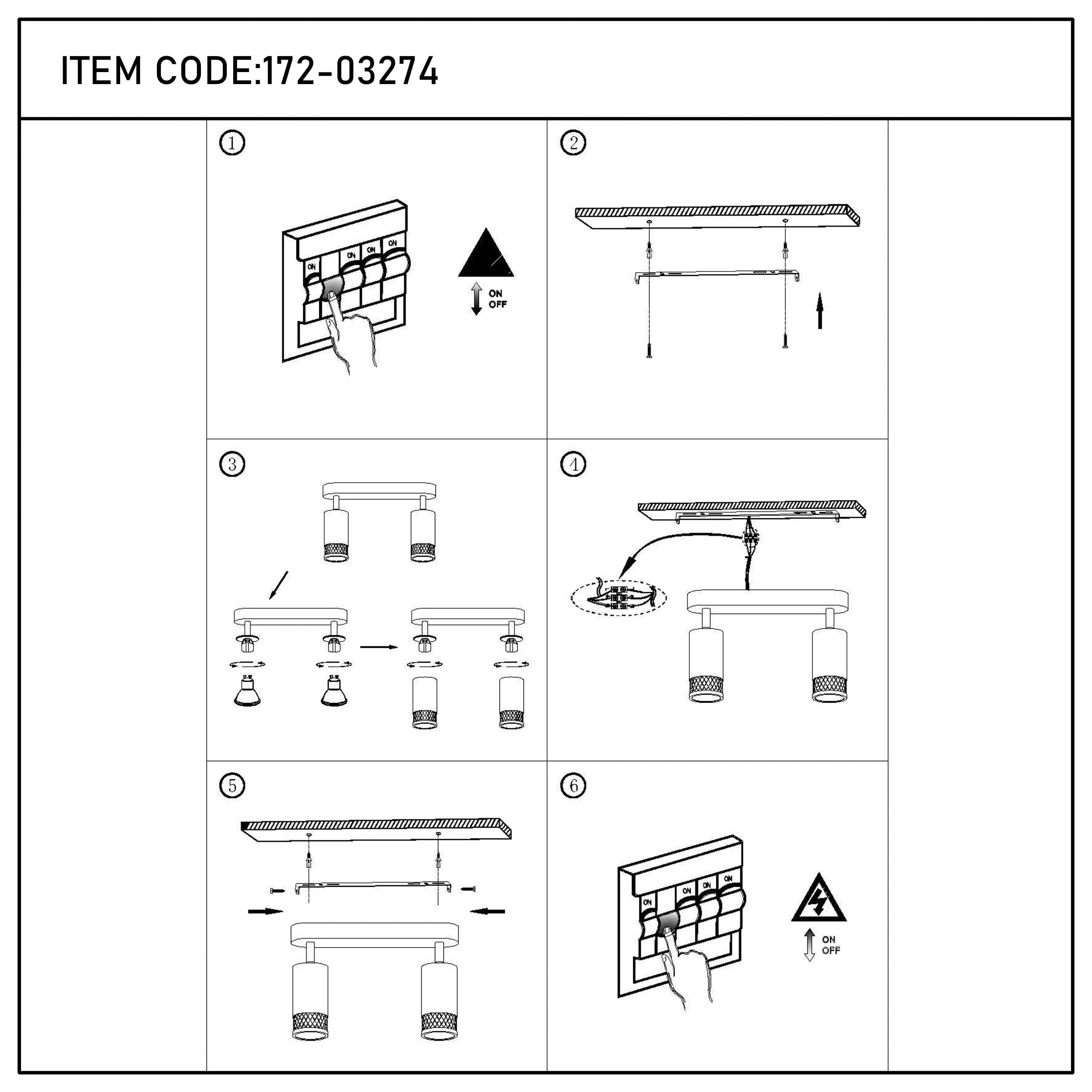 A diagram shows the stages for installing a ceiling spotlight fixture, from turning off the mains to fitting the light.