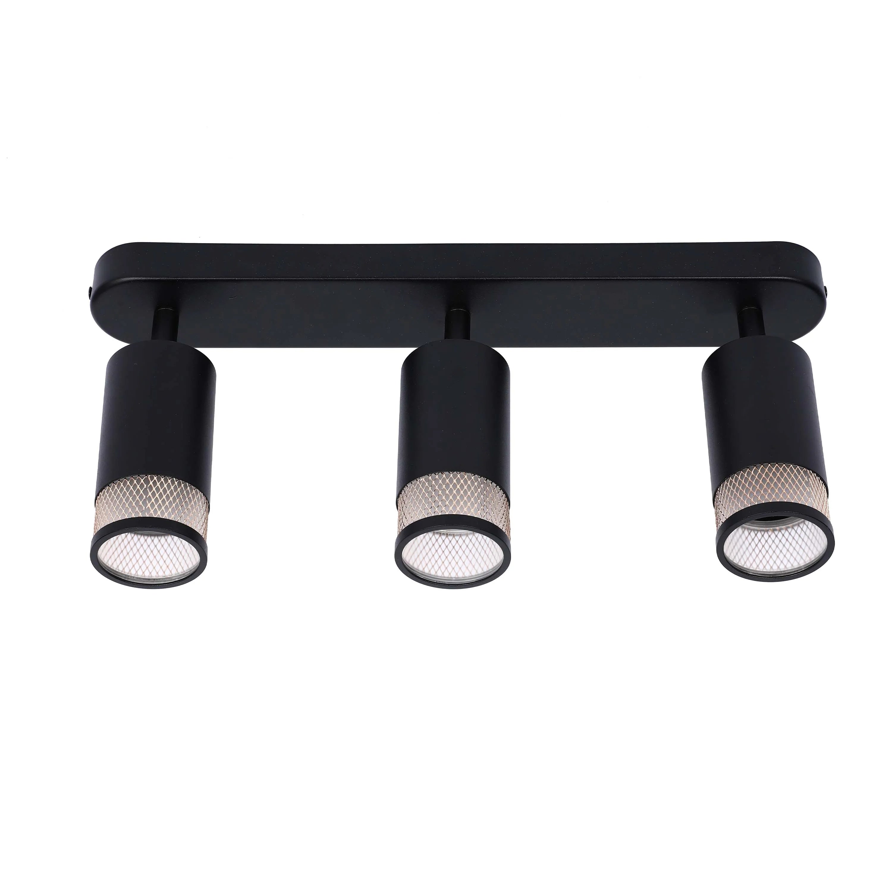 Black triple spotlight bar. Modern ceiling light with three adjustable heads for directional lighting.