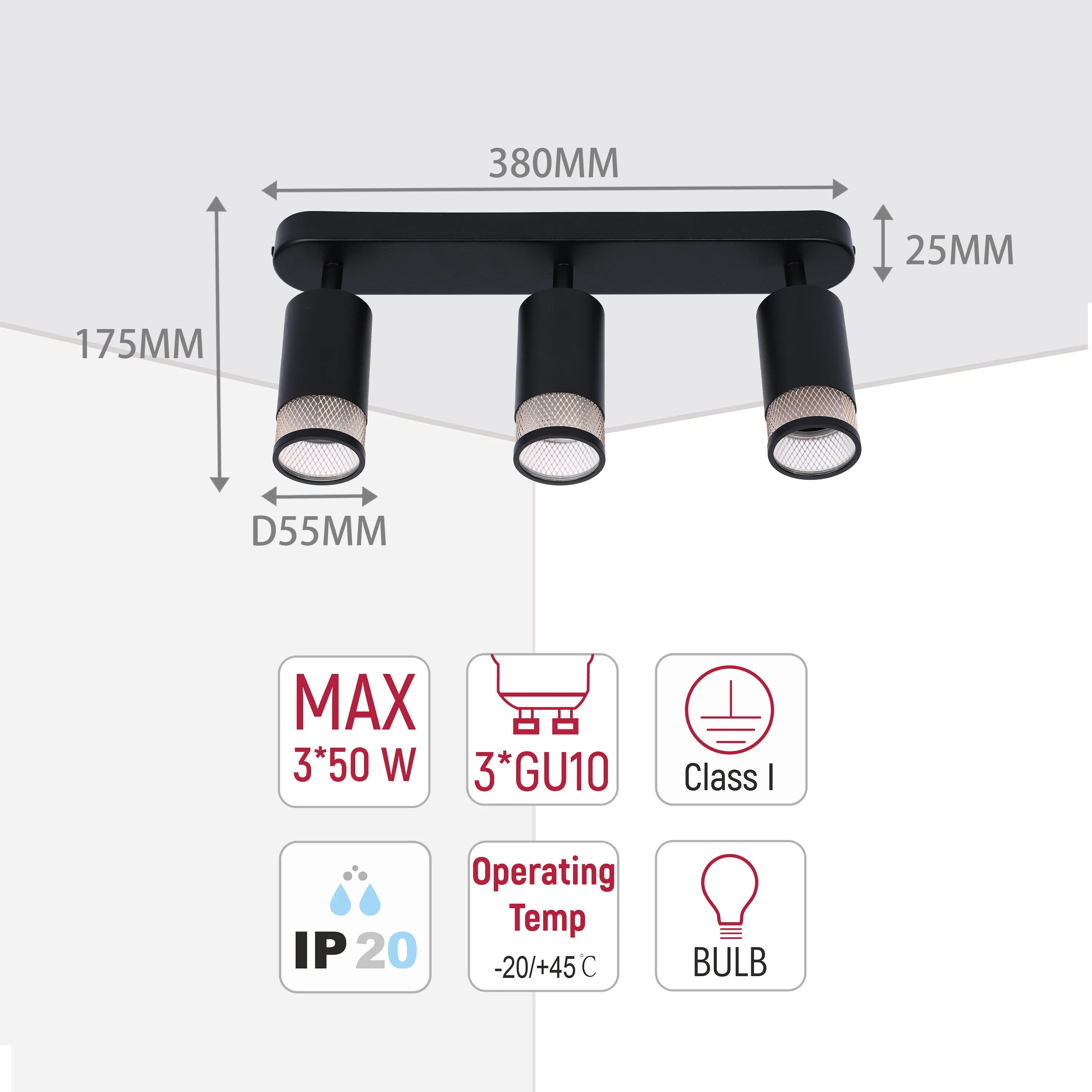 Modern black triple spotlight with dimensions. Max 3x50W, GU10 bulb. IP20 rated. Dimensions: 175mm, 380mm, 25mm, D55mm.