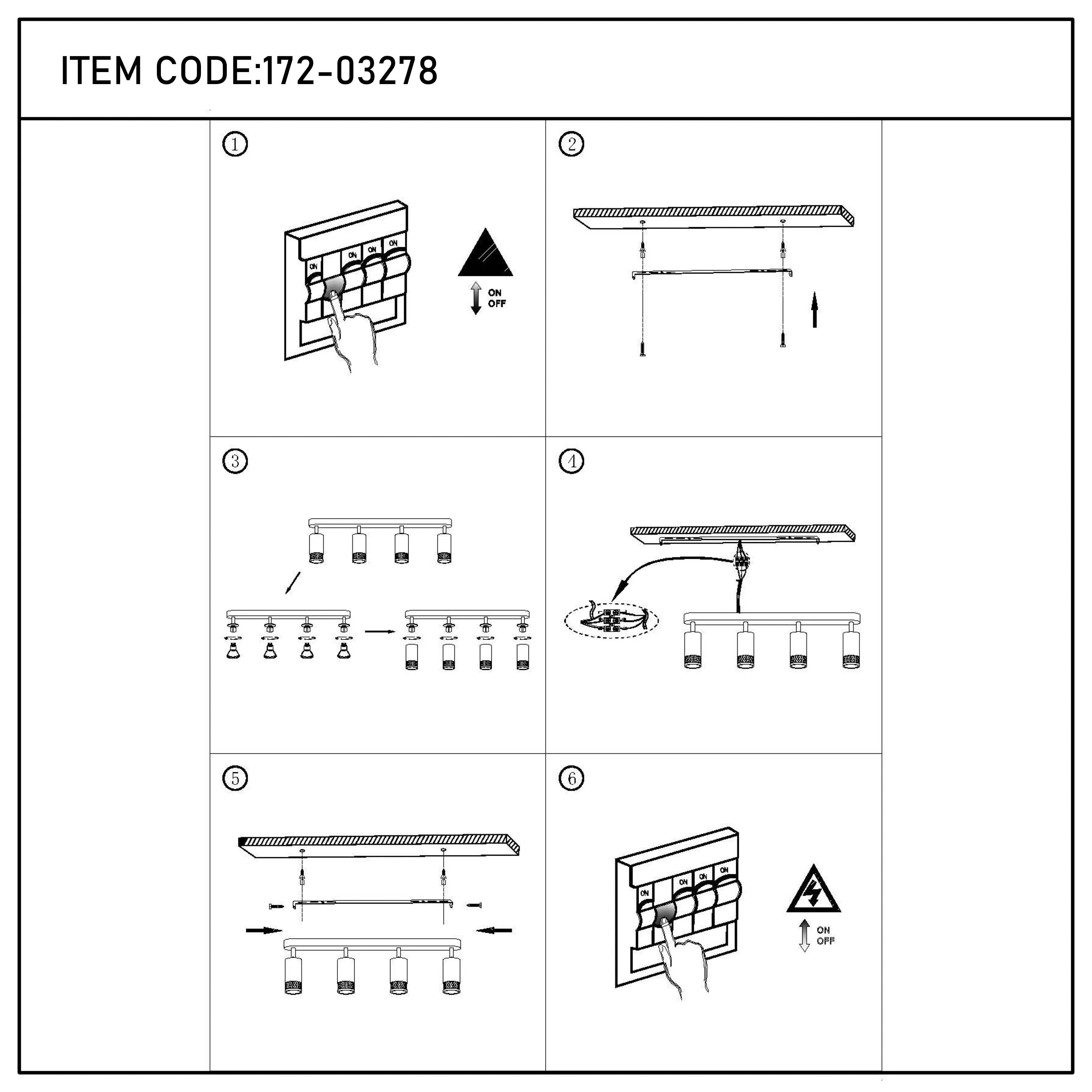 Instructions for installing a ceiling light fitting with four shades. Includes a caution to turn off the power before installation.