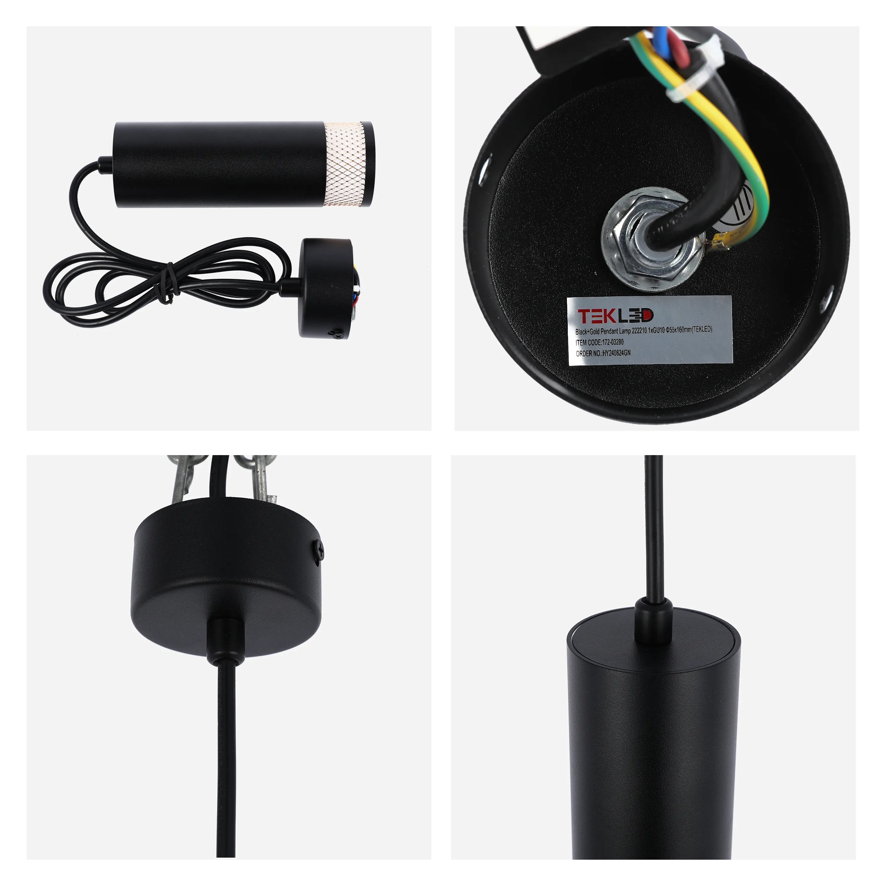 Close-ups of a black pendant light, showcasing its cylindrical shade and details. Modern lighting for a sophisticated interior design.