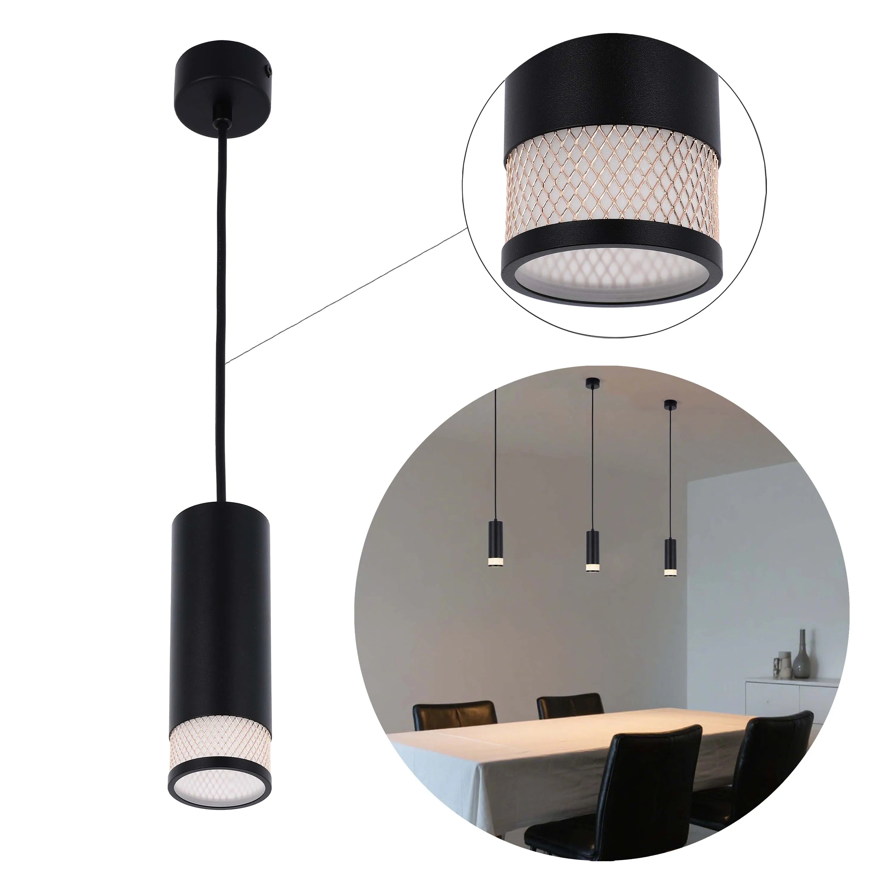 Three black pendant lights above a table, each with a textured centre band and downlight for focused illumination.
