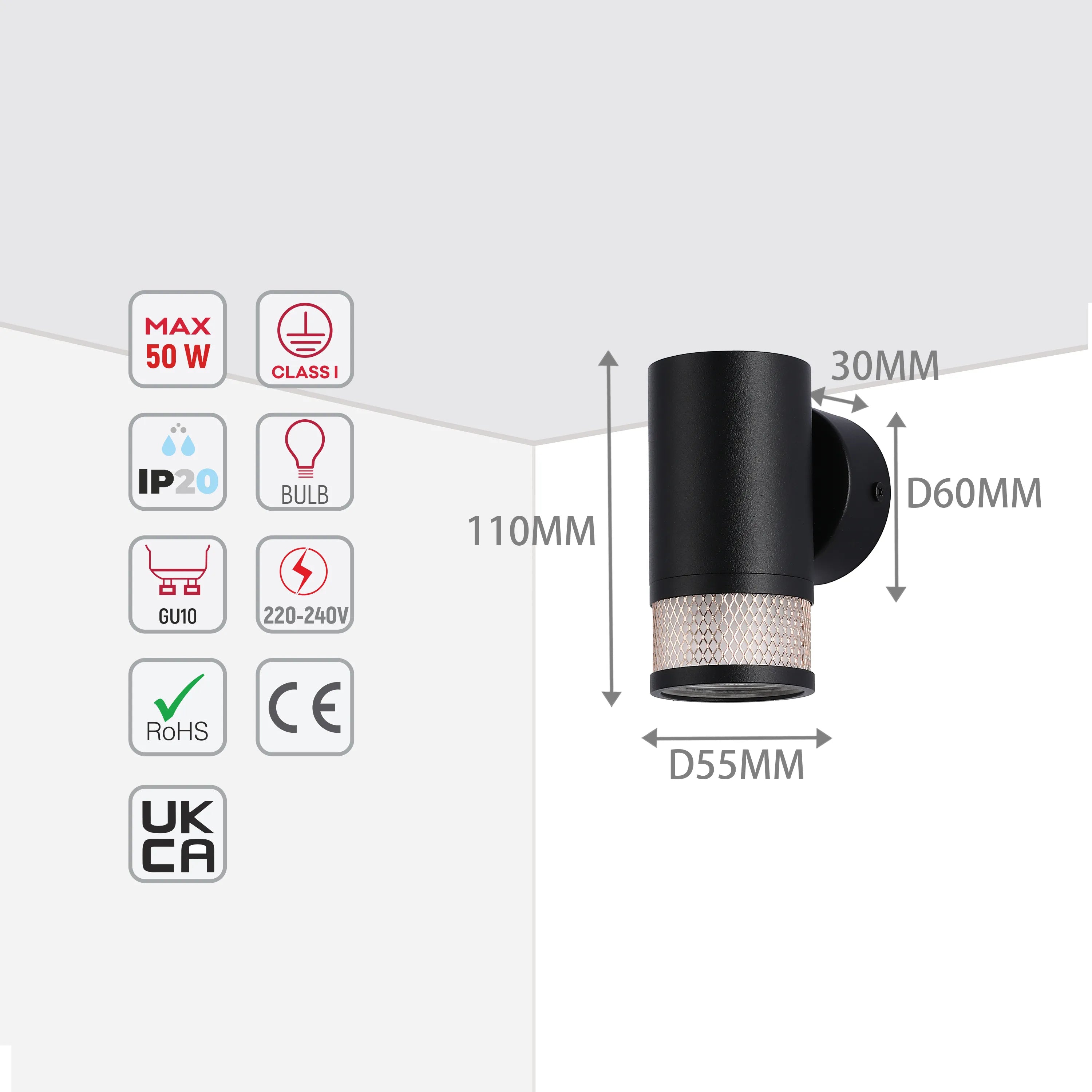 A black outdoor wall light with measurements. It has a cylindrical shape and is suitable for GU10 bulbs up to 50W.