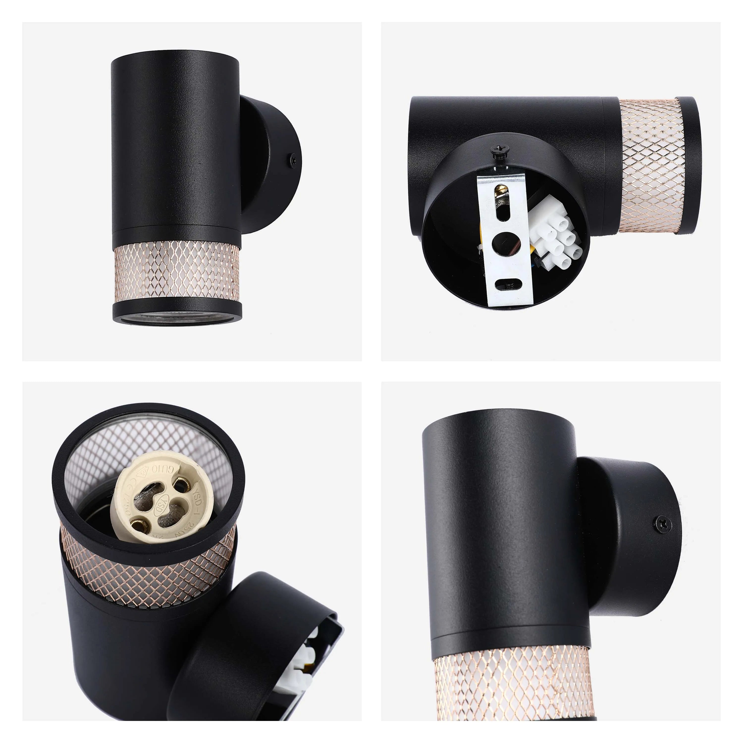 A modern black outdoor wall light with a mesh shade, perfect for adding a touch of style to your garden or patio.