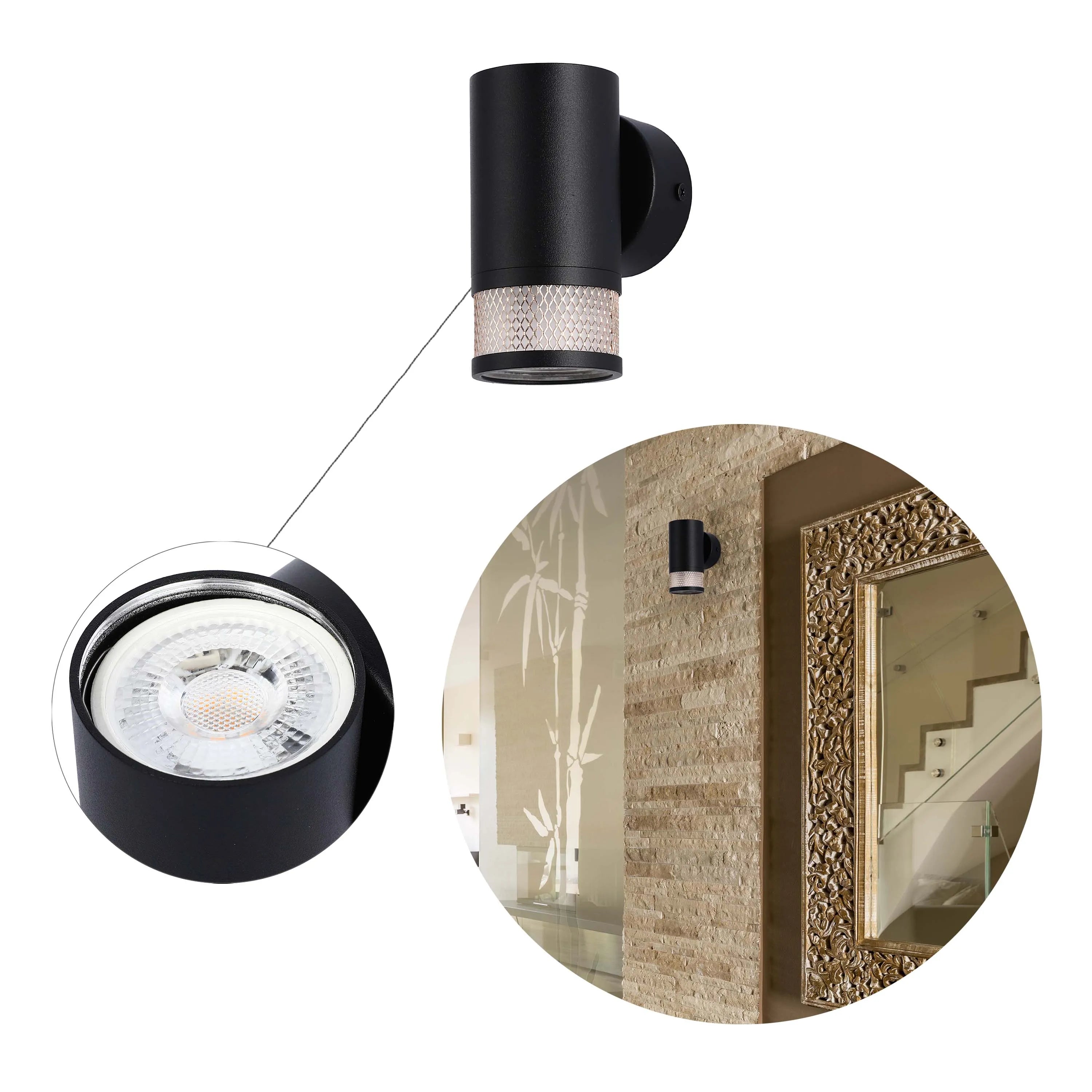 A stylish black wall light fixture with a textured shade, creating a warm and inviting atmosphere in any room.