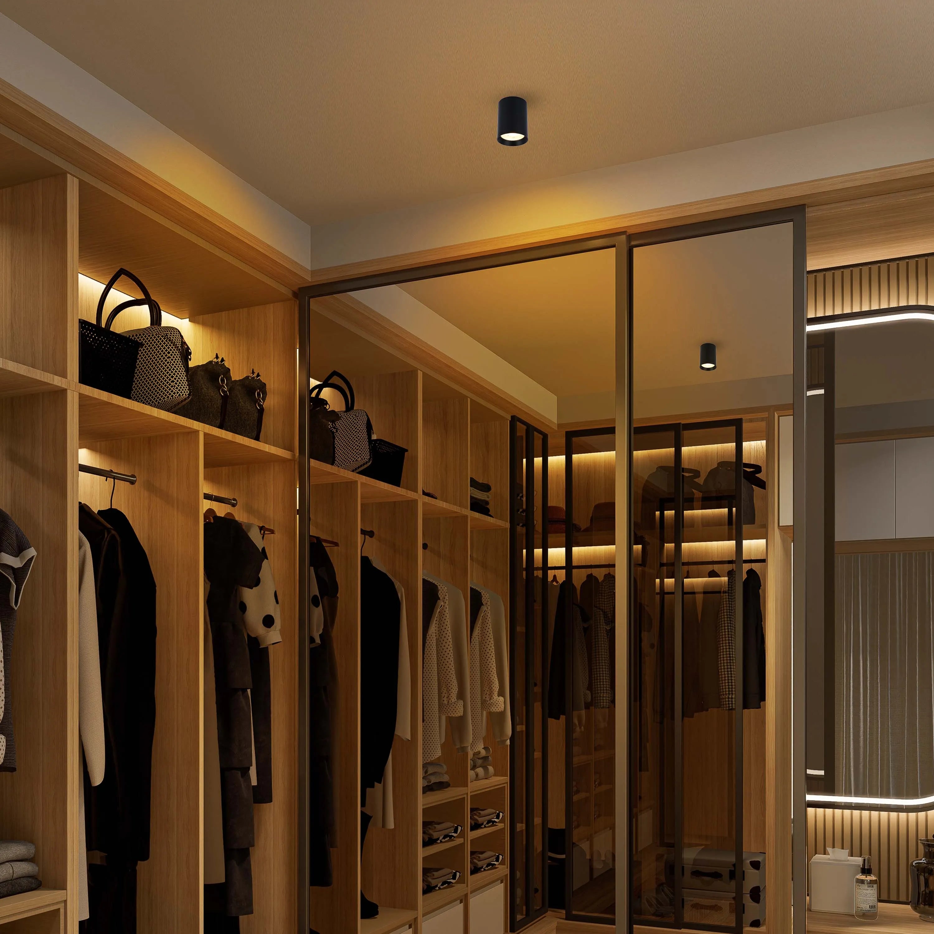 A fitted wardrobe featuring internal lighting, plus a black ceiling spotlight. The warm tones of the wood are highlighted by the illumination.