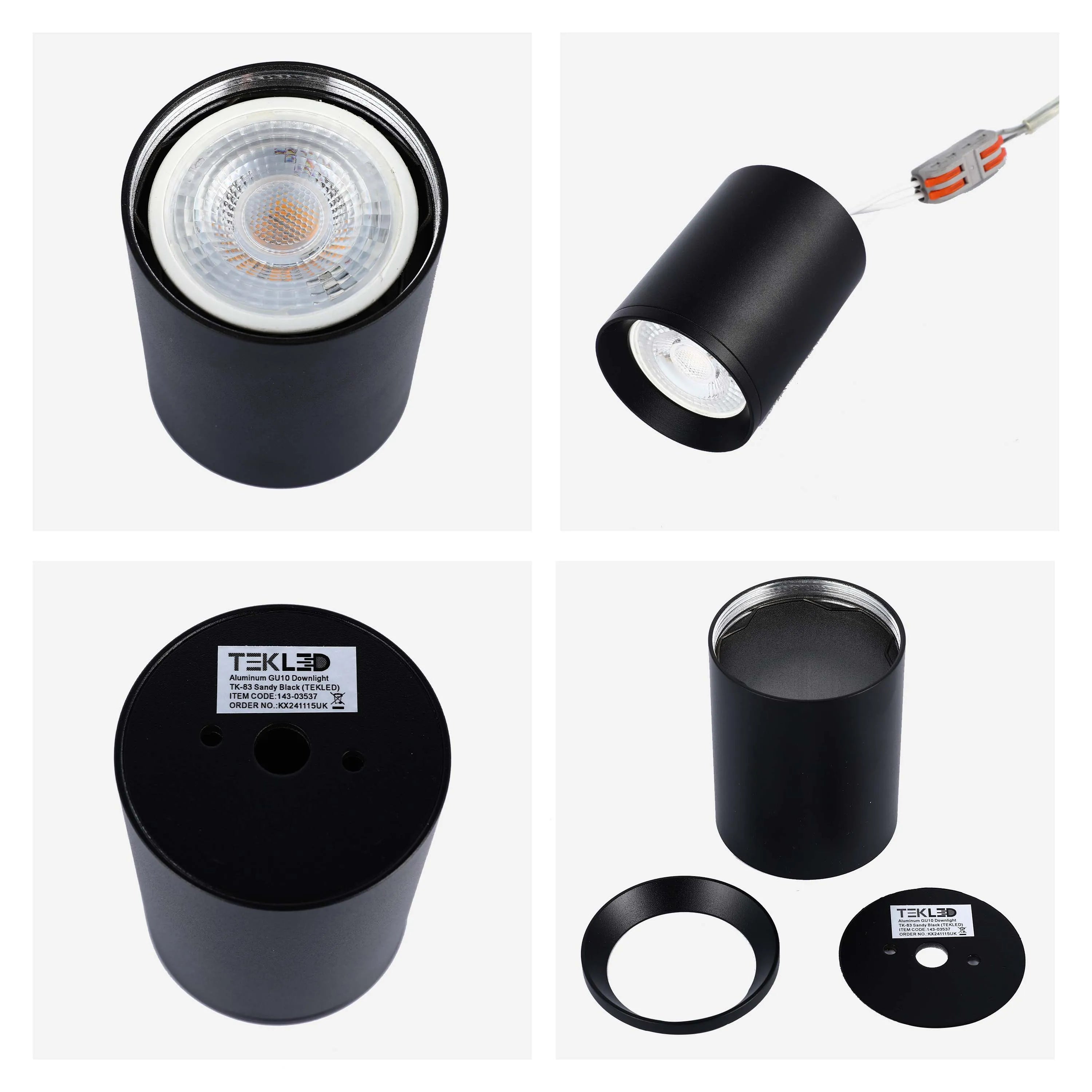 Four black cylindrical LED downlights displayed in different views. A modern and sleek lighting option for your home or office.