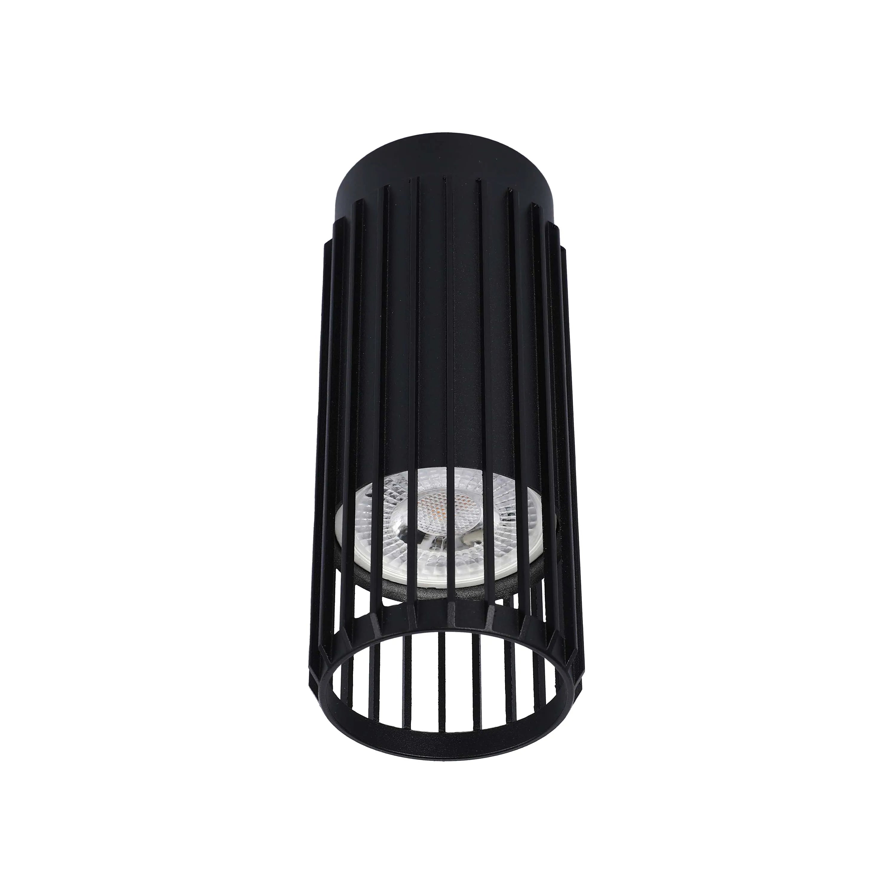 Modern black cylinder downlight with visible bulb. Contemporary design for stylish interior lighting solutions.