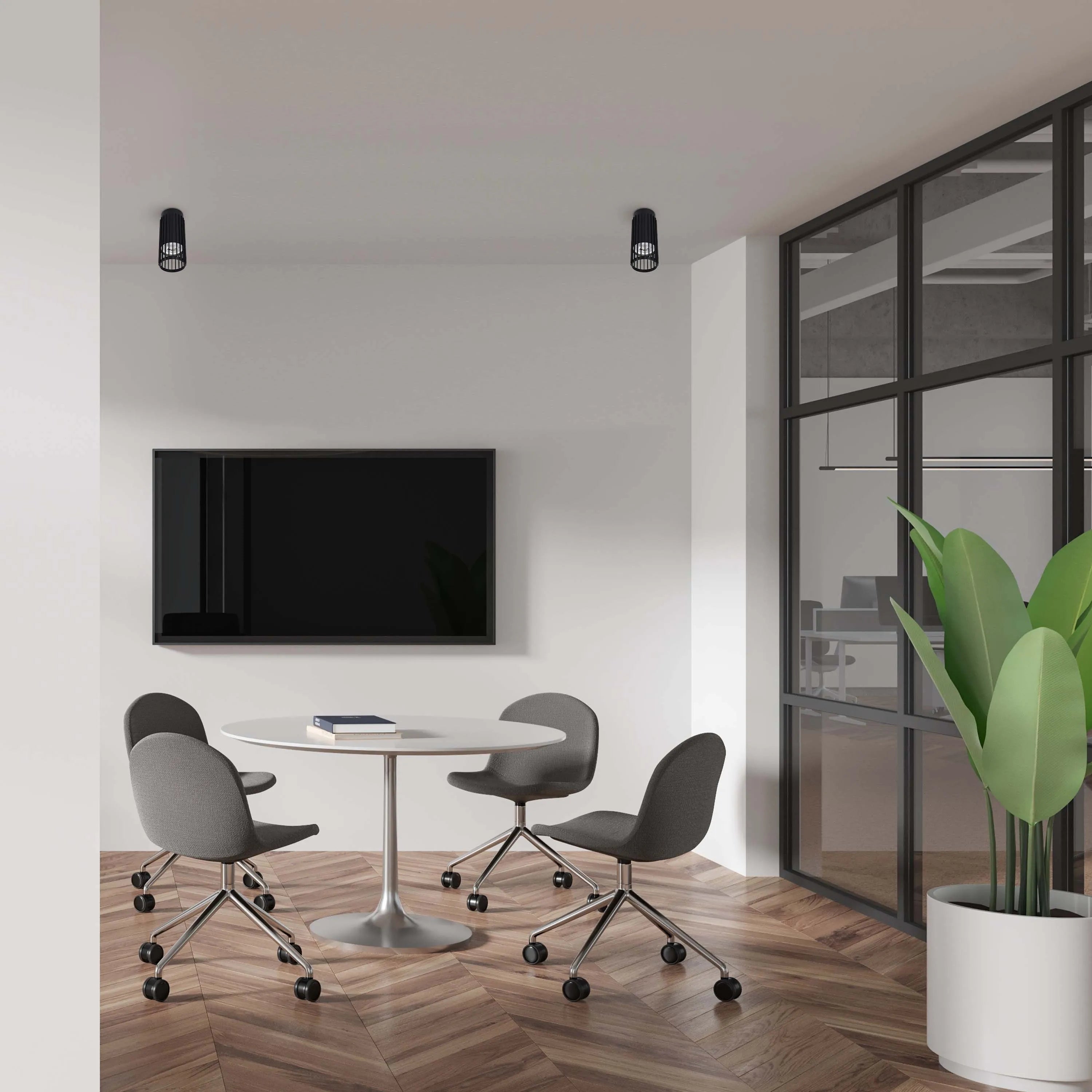 Modern room with flush ceiling spots. Provides ambient light and is energy efficient, ideal for offices, studios and minimalist designs.