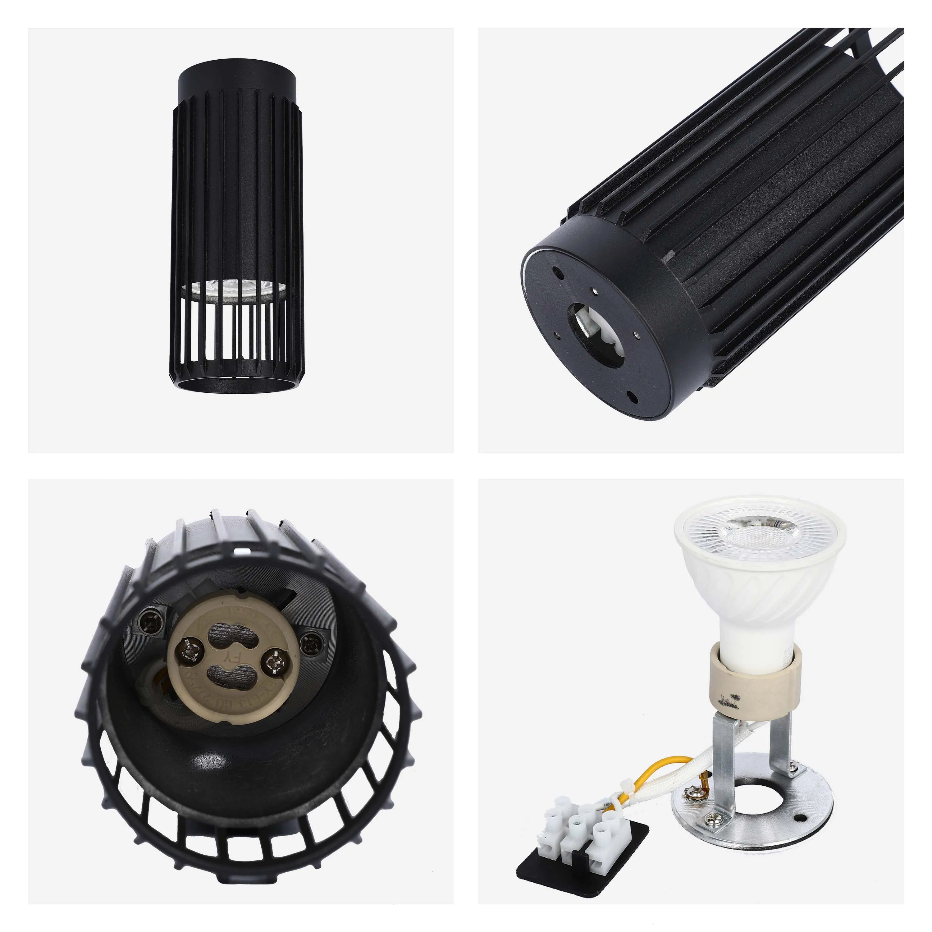 A selection of close up views of a black indoor spotlight with a cage shade and a white bulb.