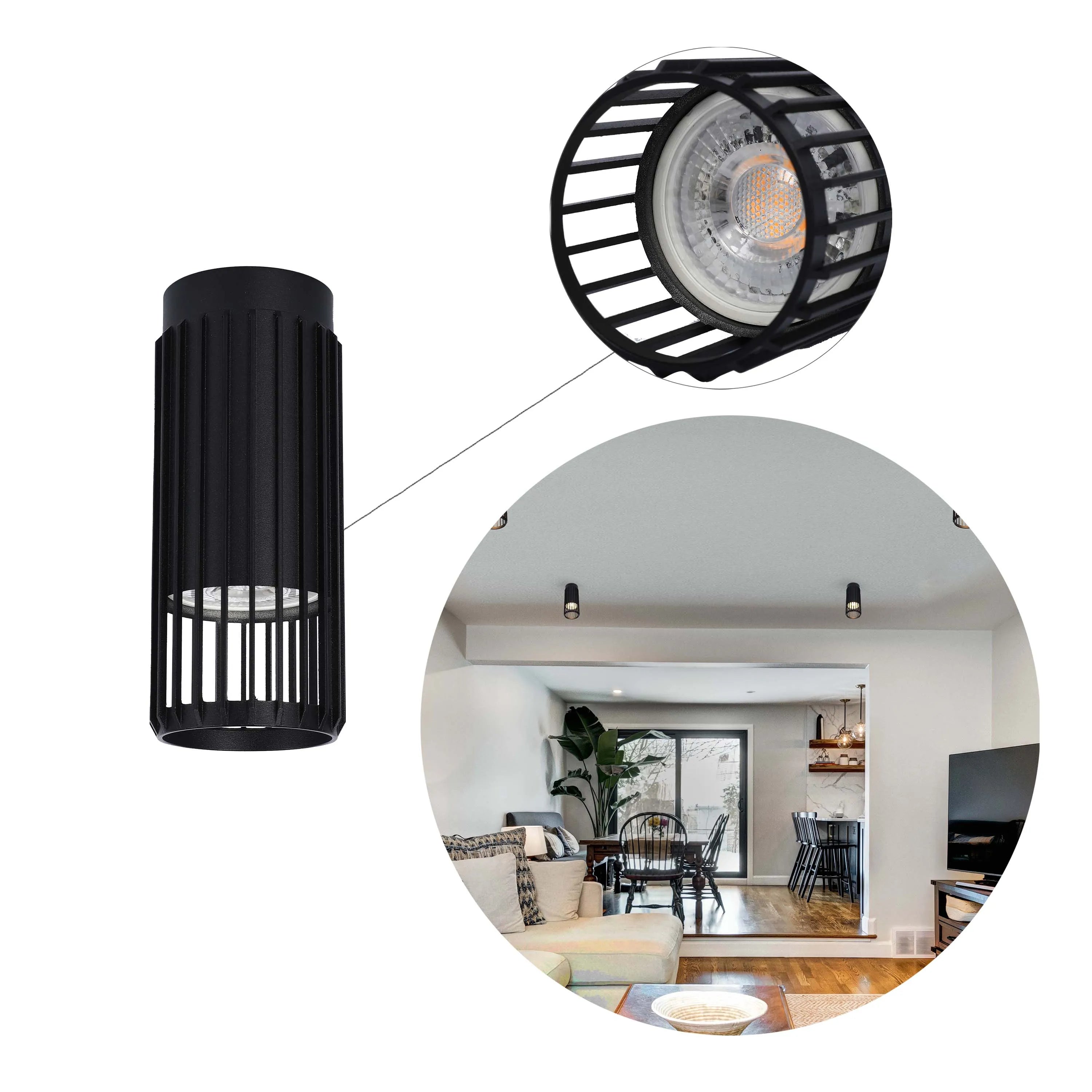 A black, cylindrical, slatted ceiling light feature, with a bright bulb visible through the slats. A close up shows the light's detail.