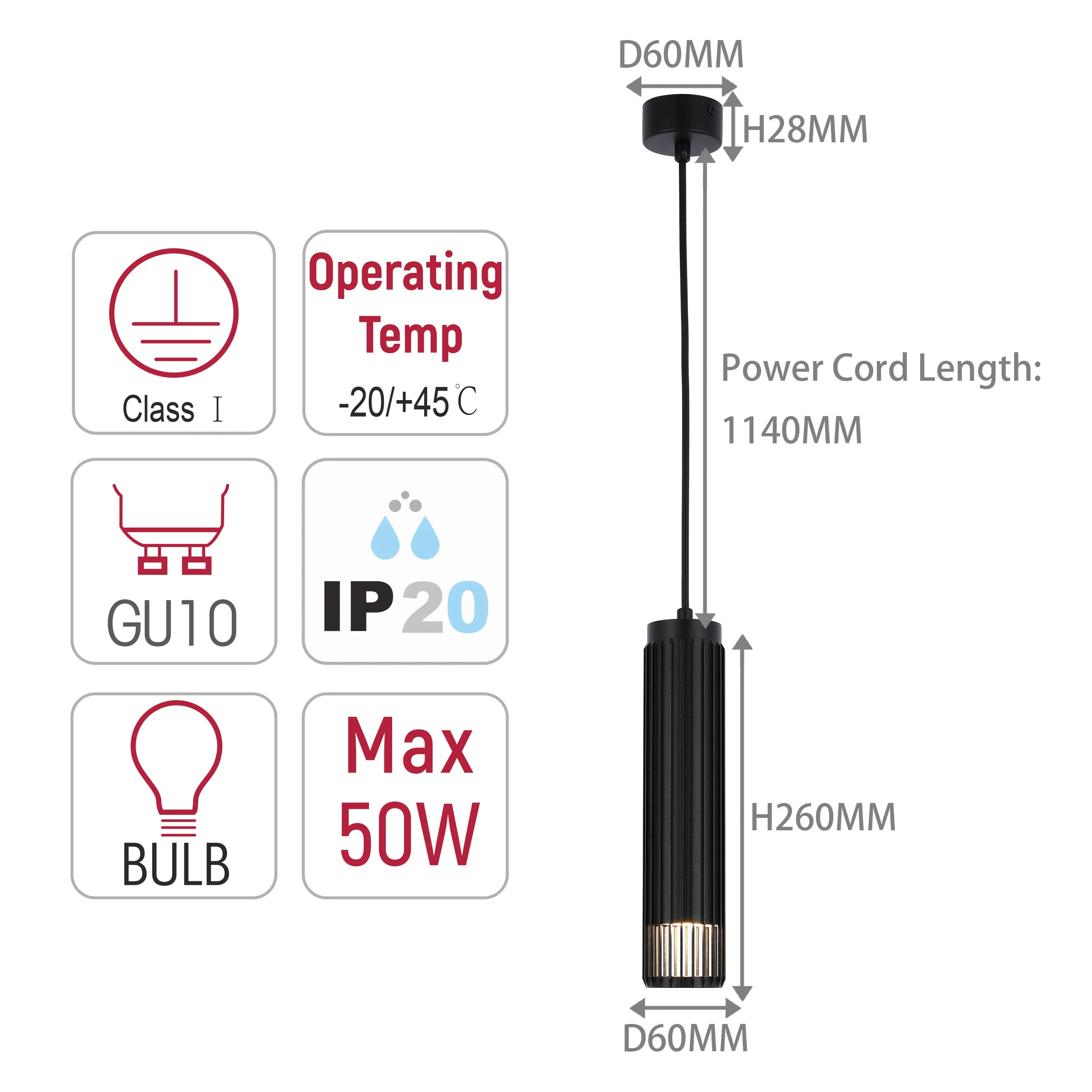Diagram showing the dimensions and features of a pendant light, including bulb type, temperature range and power cord length.