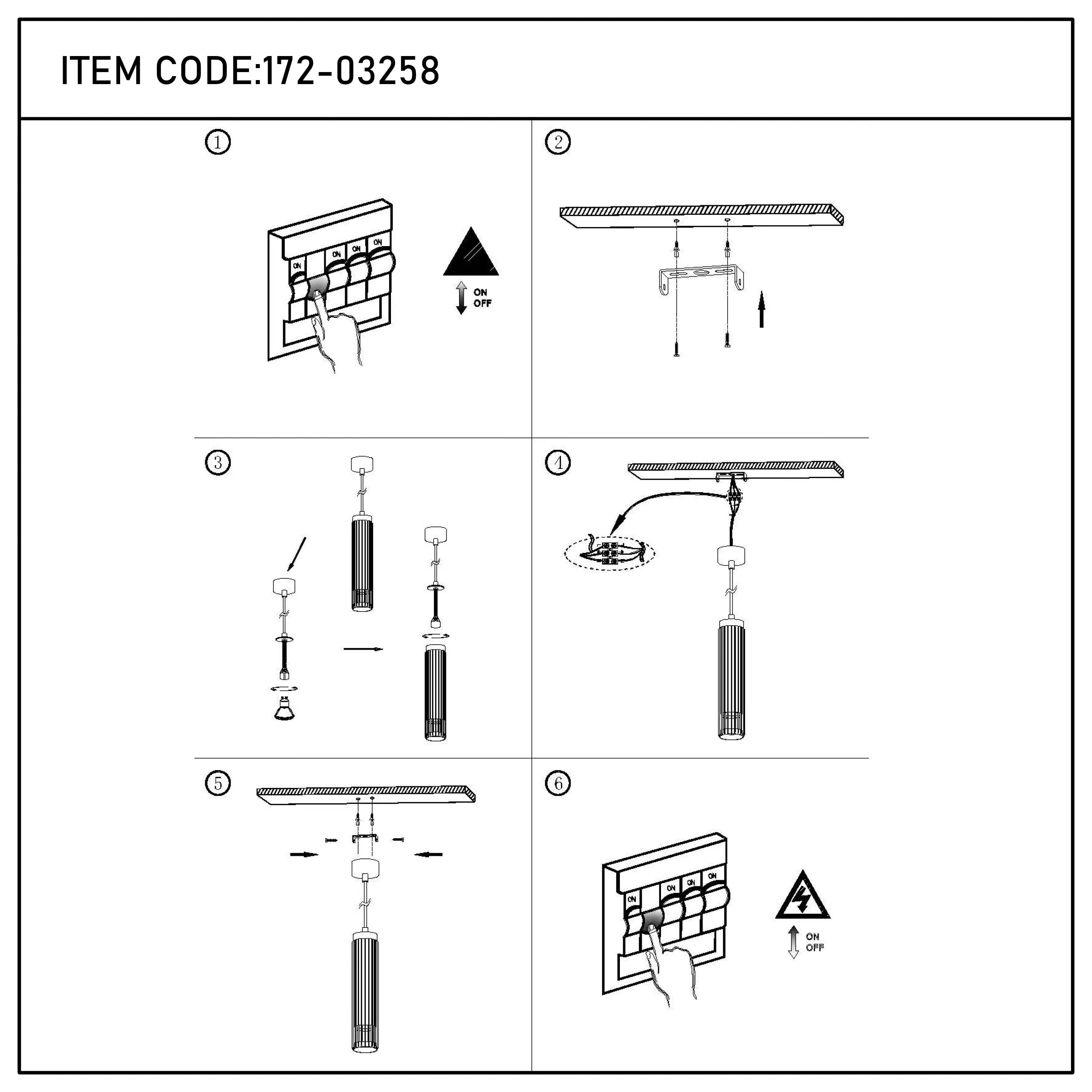 A pendant light installation guide shows the different steps to assemble the light. Instructions include attaching to a ceiling.