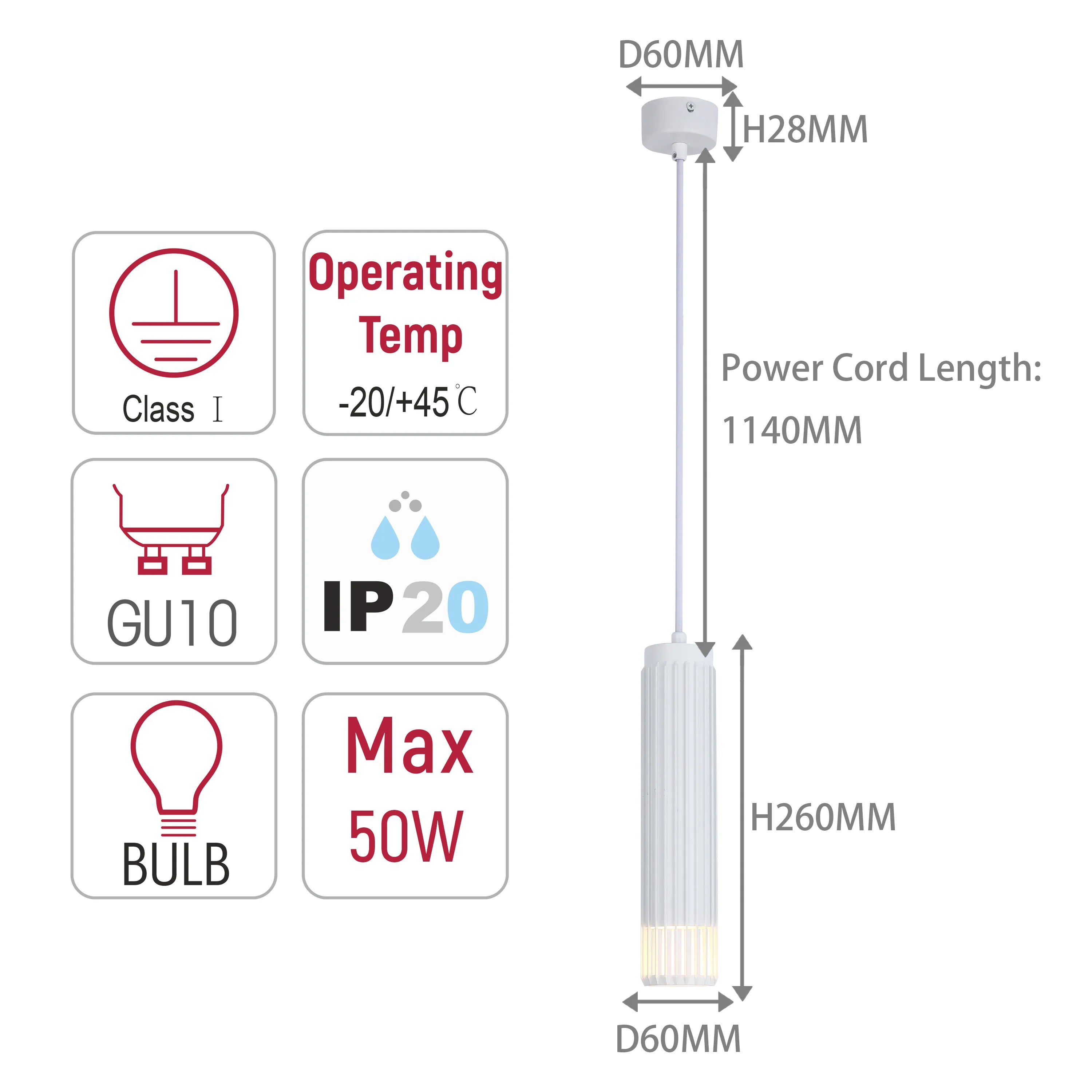 A ceiling pendant light diagram with dimensions. It features GU10 fittings, a max 50W bulb & is IP20 rated.
