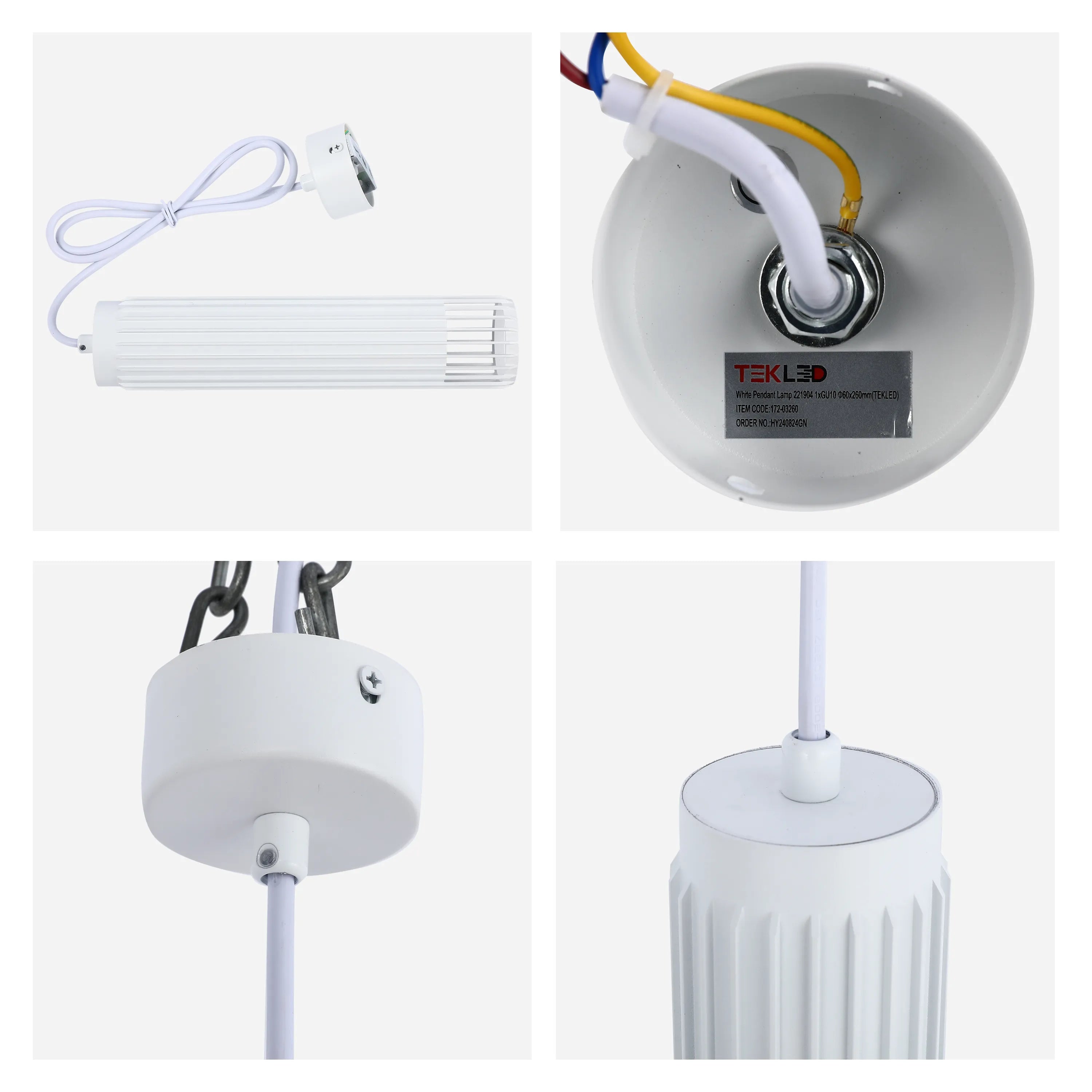 A white pendant light fitting with a ribbed cylindrical shade and white cable.