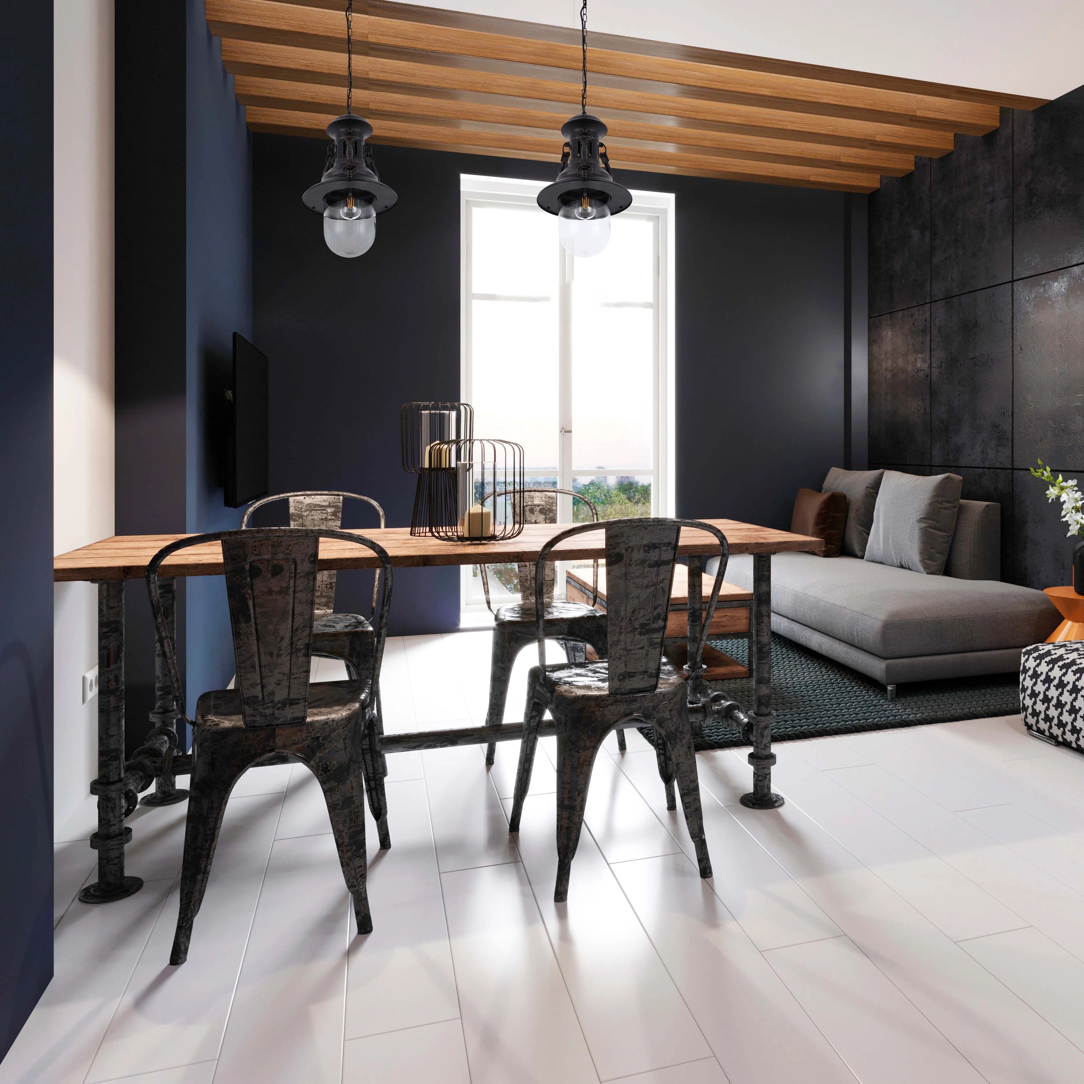Industrial-style pendant lights hang above a rustic dining table, offering a warm and inviting atmosphere.