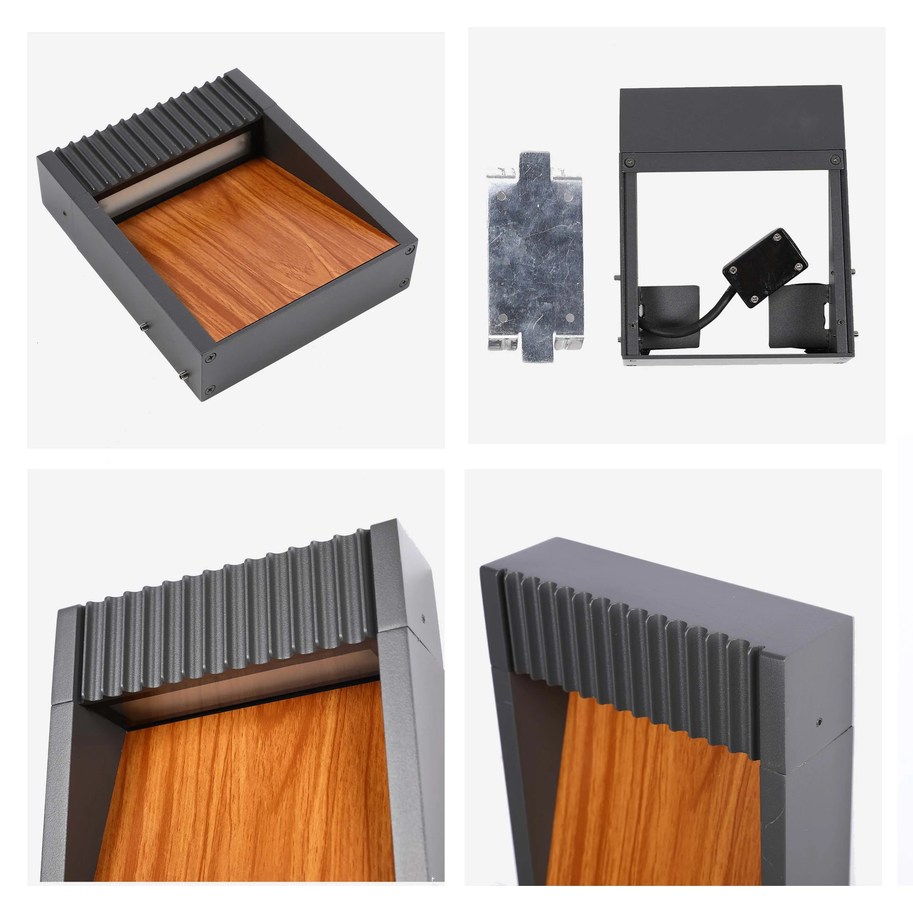 A modern, outdoor wall light with a grey, ribbed casing and a wood-effect panel. Provides subtle, ambient lighting for gardens and patios.