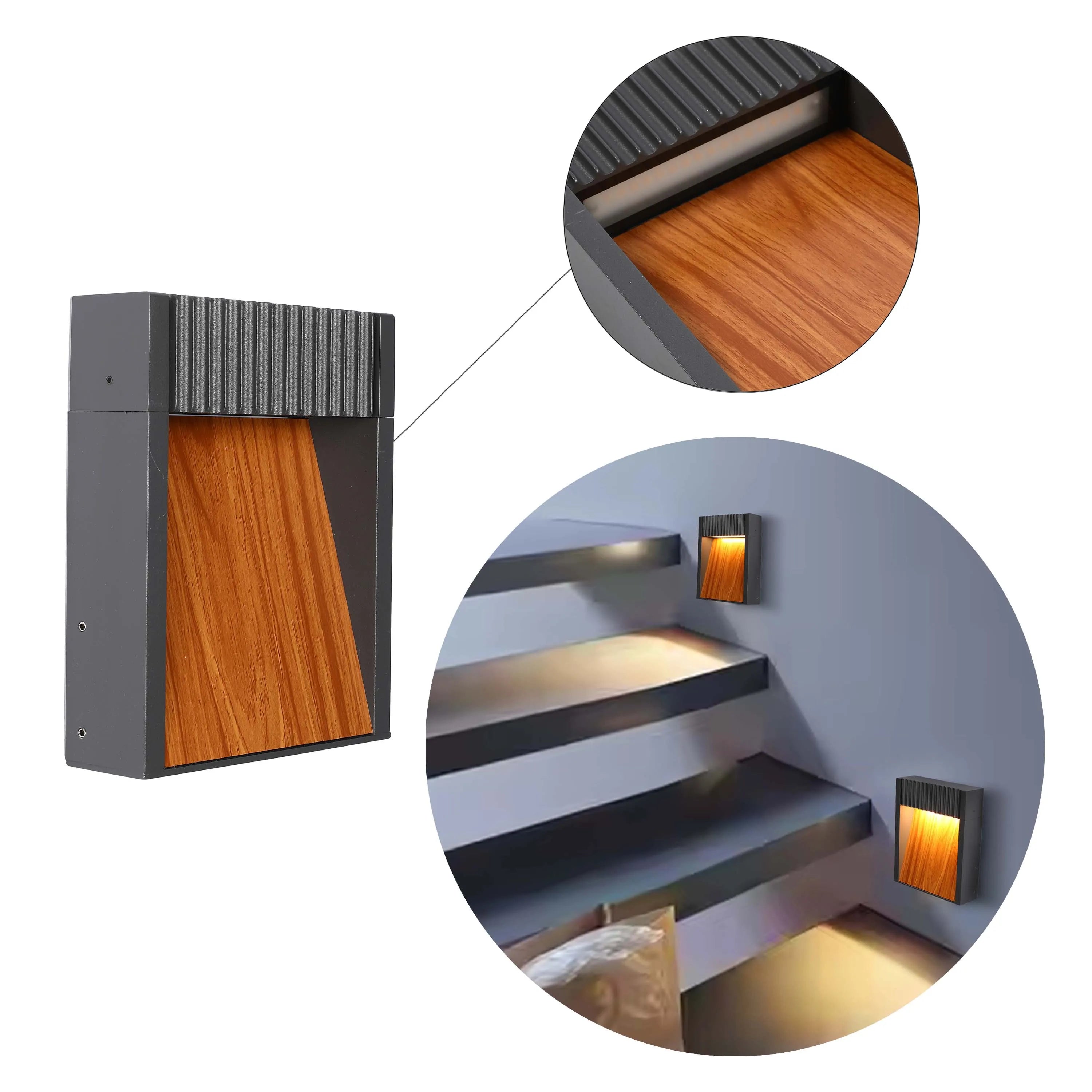 Modern wall lights illuminate a staircase, casting a warm glow. Grey and wood finish for sleek, ambient lighting.