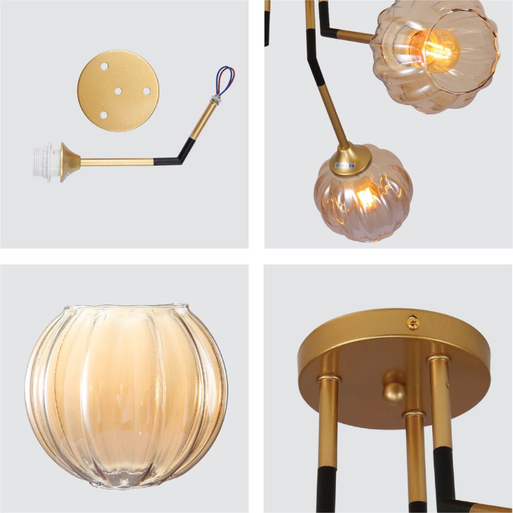 Detailed shots of Amber Reeded Globe Glass Gold Metal Vintage Retro Semi Flush Ceiling Light with E27 Fittings | TEKLED 159-17660