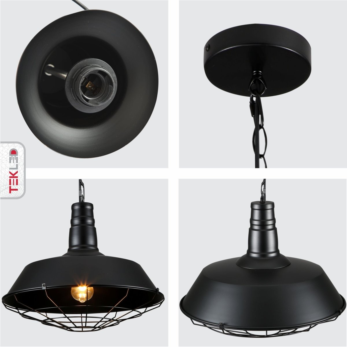 Black industrial pendant light fixture, with exposed bulb and metal cage detail, shown in multiple close-up views.