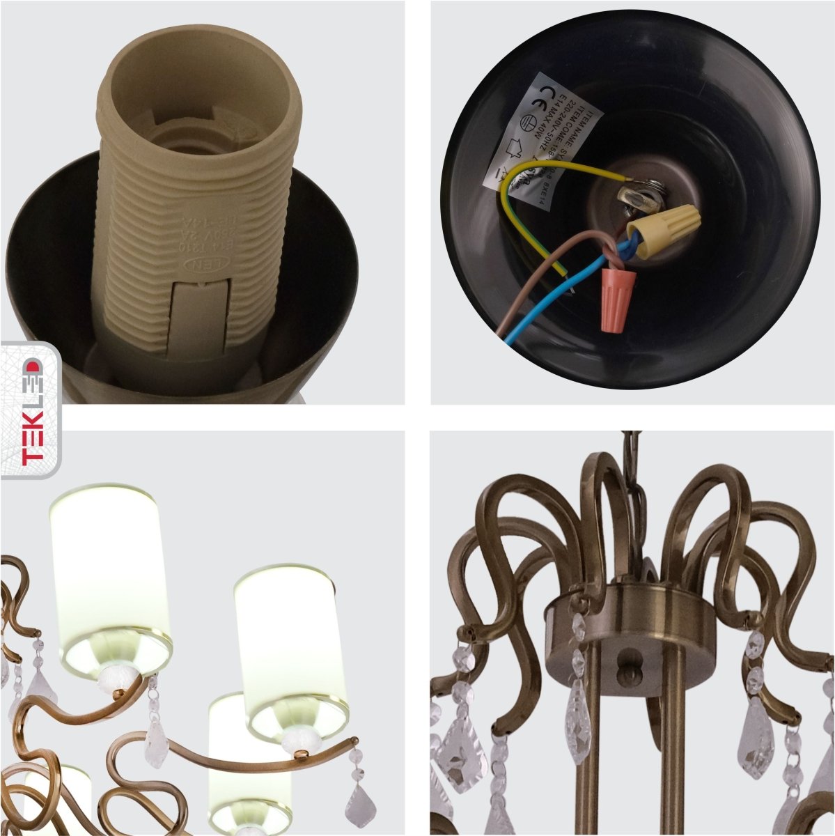 Detailed shots of Cream Shade Antique Brass Metal 8 Arm Chandelier with Pendeloque Crystals 8xE14 | TEKLED 158-17828