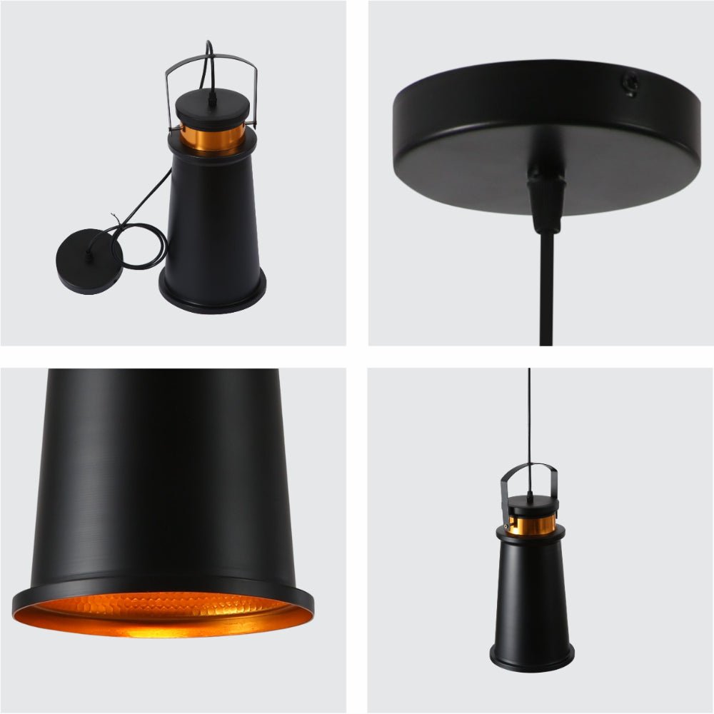 Detailed shots of Loft Cafe Bar Counter Exhibition Hall Pub Aisle Indoor Black Funnel Handled Black Gold Metal Pendant Ceiling Light E27 | TEKLED 150-17814